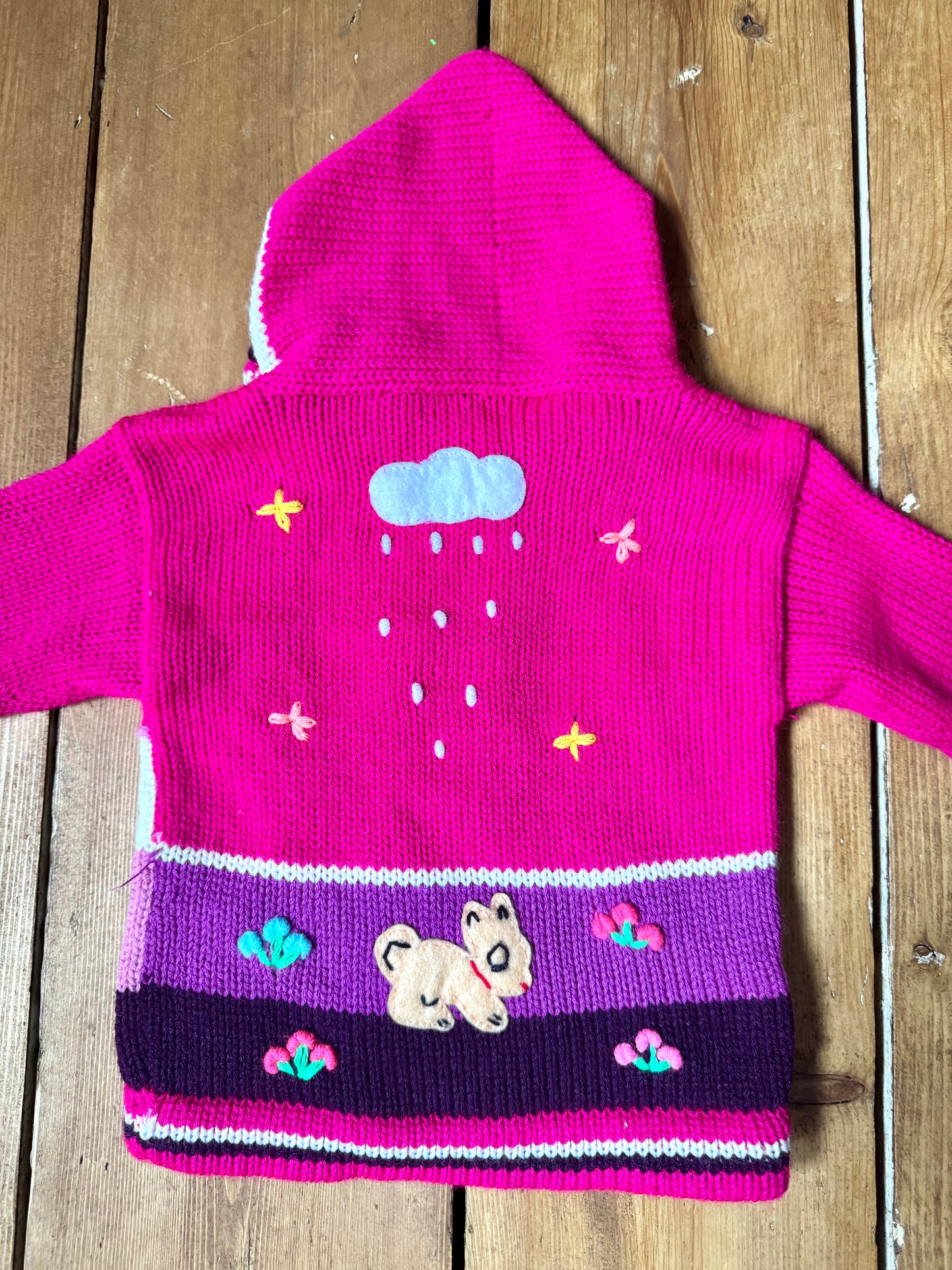 Pink character knitted jumper with hood. Handpicked for Bee Tiny kids vintage.
