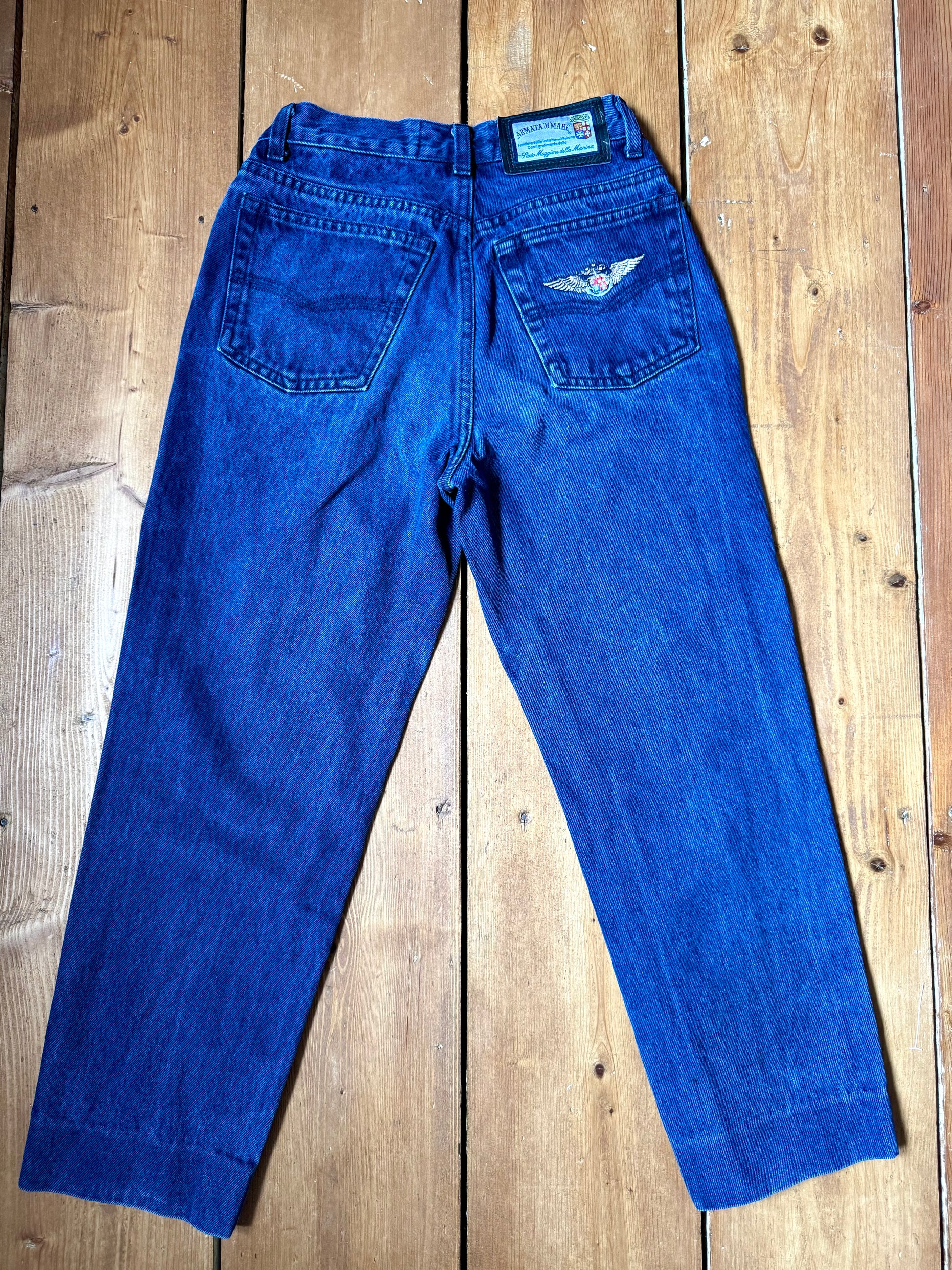 Vintage Armata Di Mare kids jeans with embroidered cartoon characters, blue denim construction and Y2K styling. Rare 1990s/2000s children's designer denim. Handpicked for Bee Tiny kids vintage.