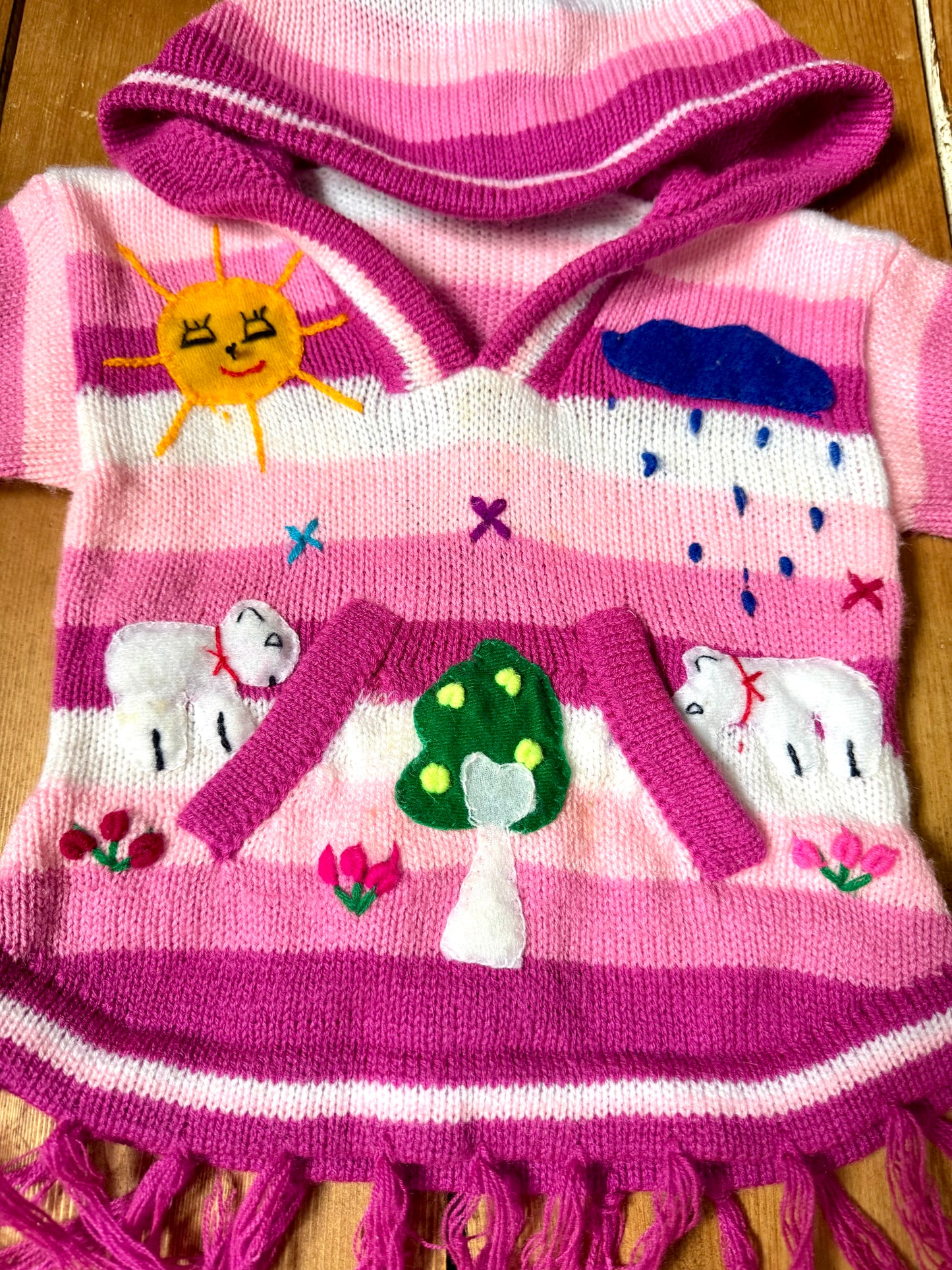 Pink character knitted jumper with pixie hood. Handpicked for Bee Tiny kids vintage. Festival clothing for kids.