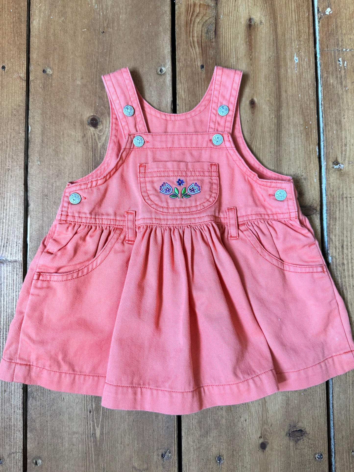 Baby girls' 2 piece summer pinafore dress bundle in 3 months, featuring a coral embroidered pinafore and yellow gingham dress. Handpicked for Bee Tiny kids vintage.