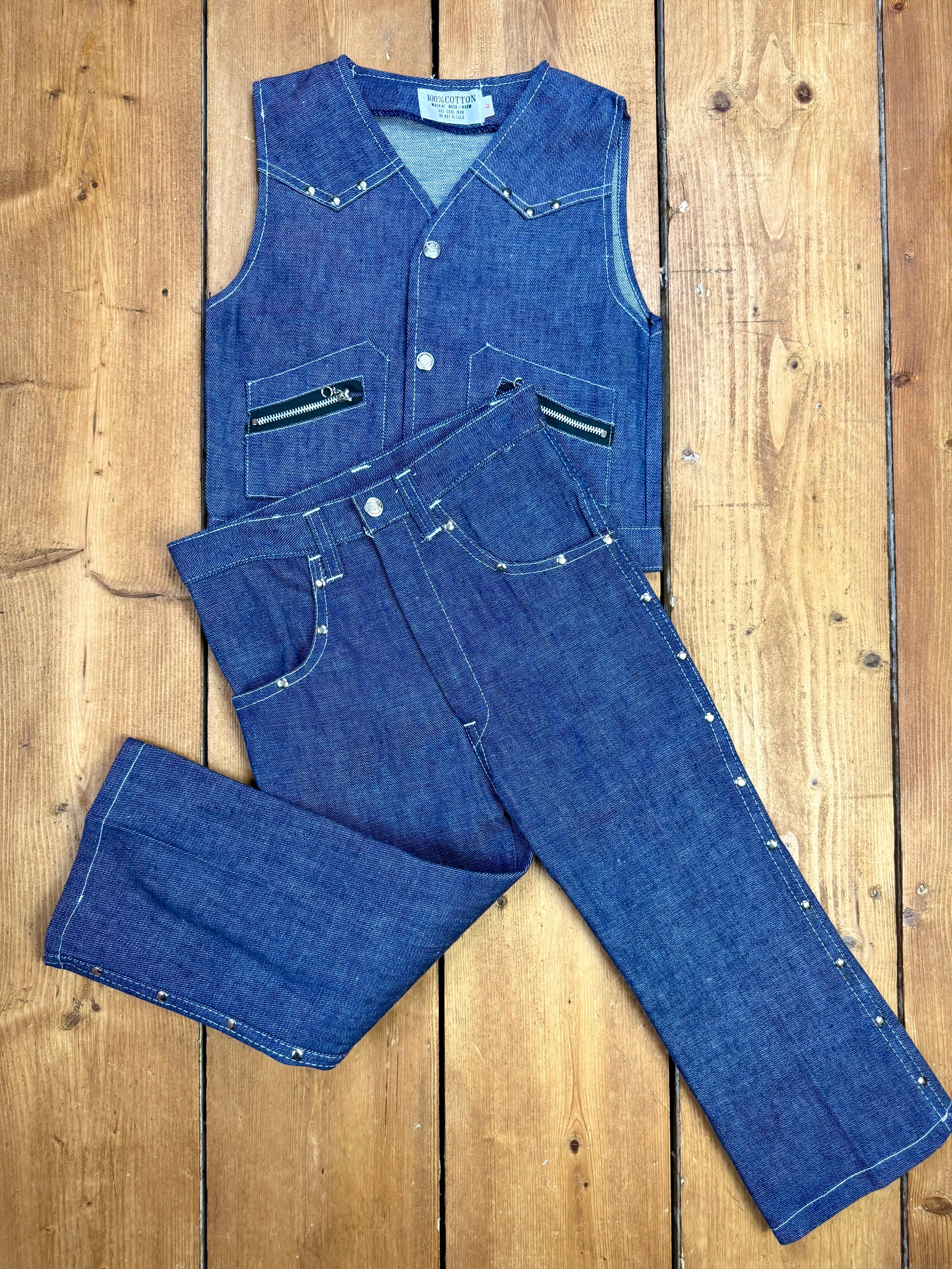 Vintage 70s Cuckoo kids 2 piece matching denim set. Western cowgirl style. Age 6 years. Handpicked for Bee Tiny kids vintage.