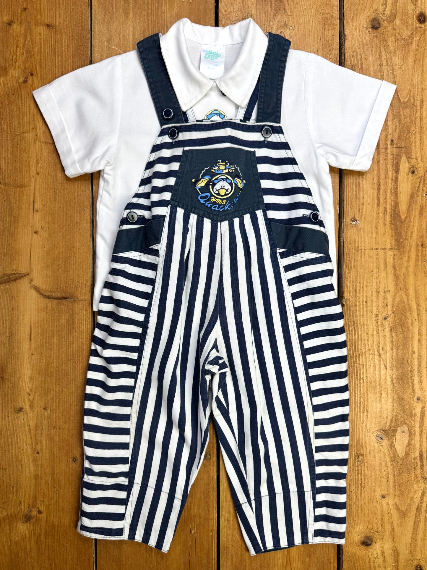 Vintage 90s nautical kids 2 piece striped dungaree and shirt set. 12-18 months. Handpicked for Bee Tiny kids vintage.