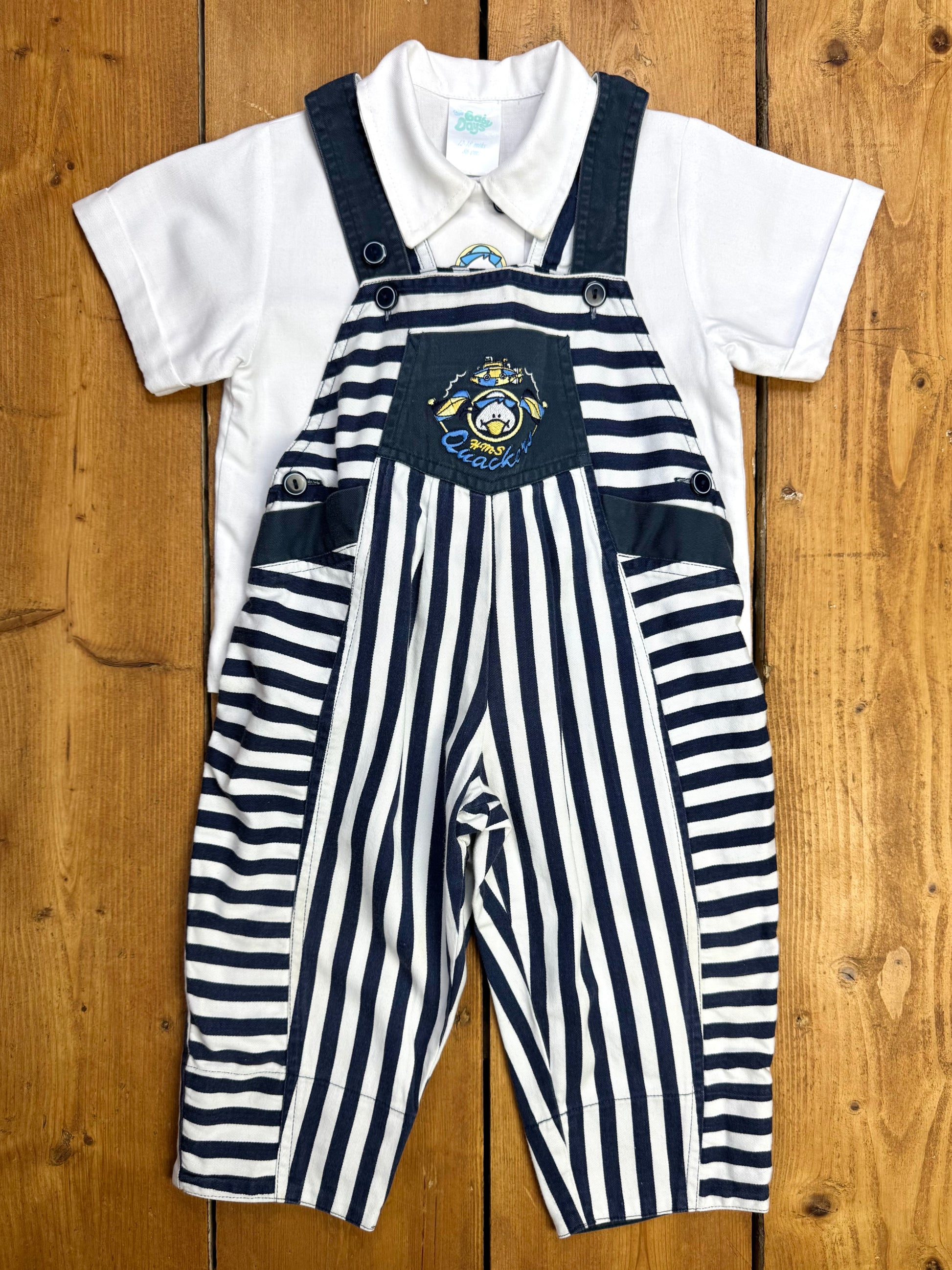 Vintage 90s nautical kids 2 piece striped dungaree and shirt set. 12-18 months. Handpicked for Bee Tiny kids vintage.