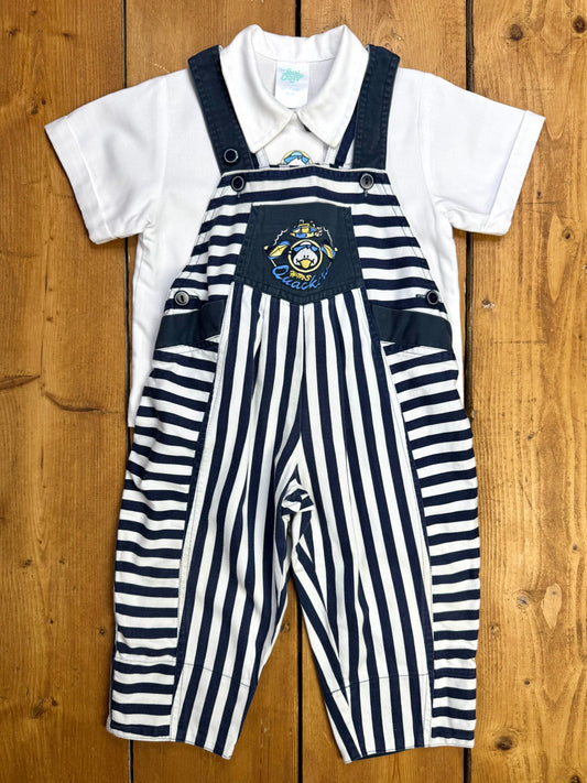 Vintage 90s nautical kids 2 piece striped dungaree and shirt set. 12-18 months. Handpicked for Bee Tiny kids vintage.