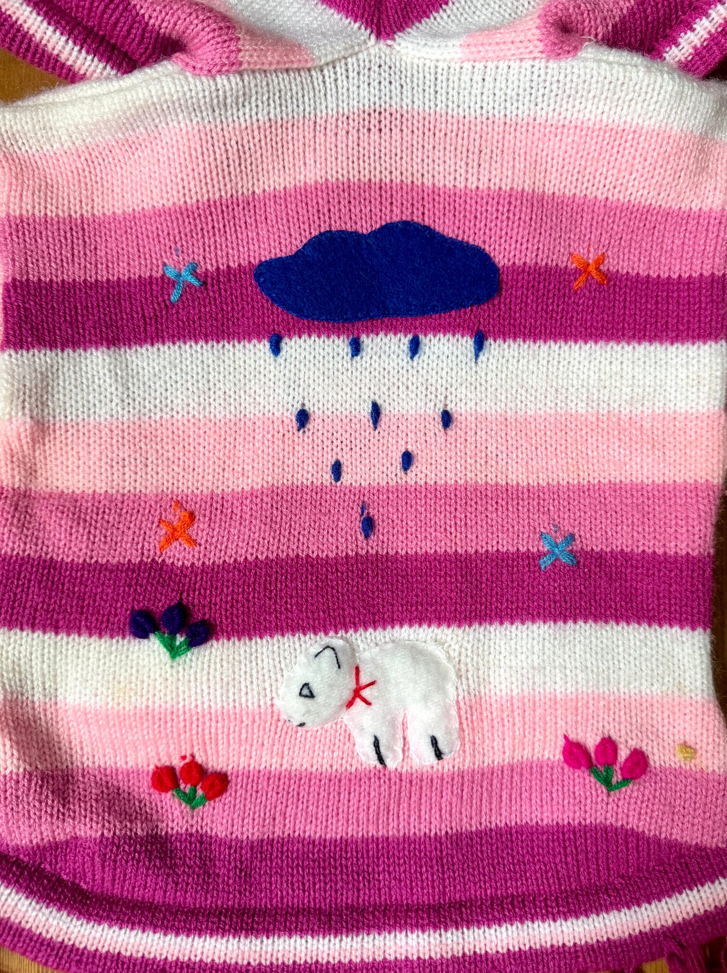 Pink character knitted jumper with pixie hood. Handpicked for Bee Tiny kids vintage. Festival clothing for kids.