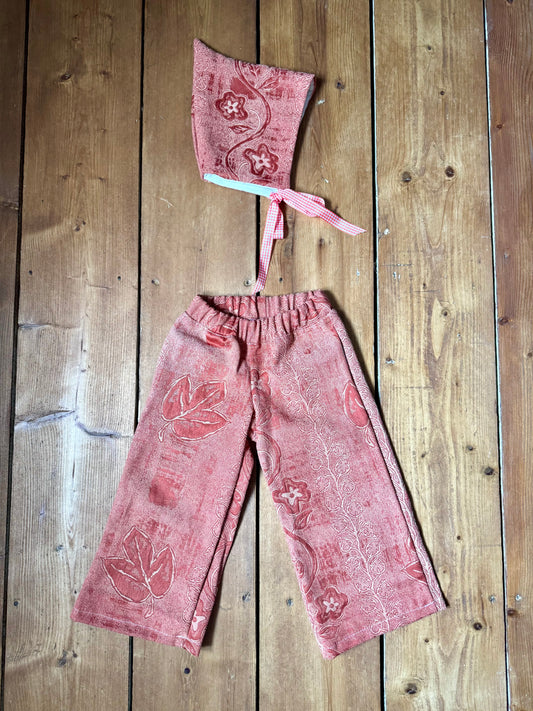 Handmade kids 2 piece coordinating set. Pixie hat and trouser matching kids set made from vintage fabric. Handmade for Bee Tiny kids vintage. One of a kind. 