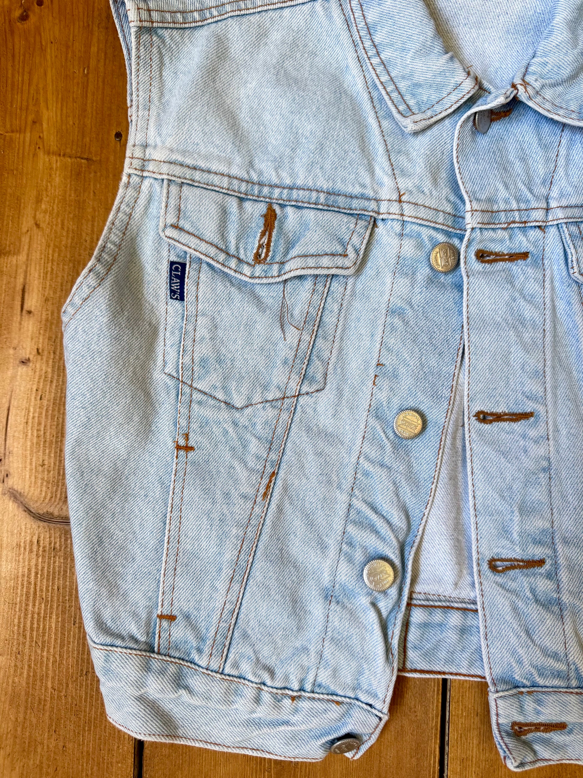 Vintage 90s Claws denim vest with a handpainted red truck on the back panel. One of a kind unique vintage item handpicked for Bee Tiny kids vintage. Age 11 years. wear oversized.