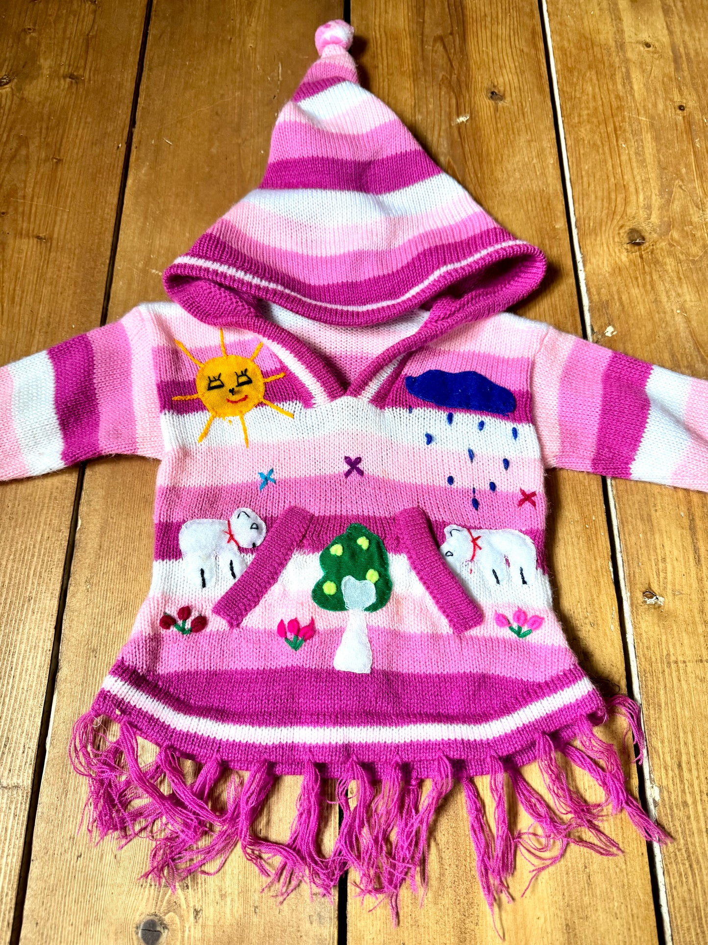 Pink character knitted jumper with pixie hood. Handpicked for Bee Tiny kids vintage. Festival clothing for kids.