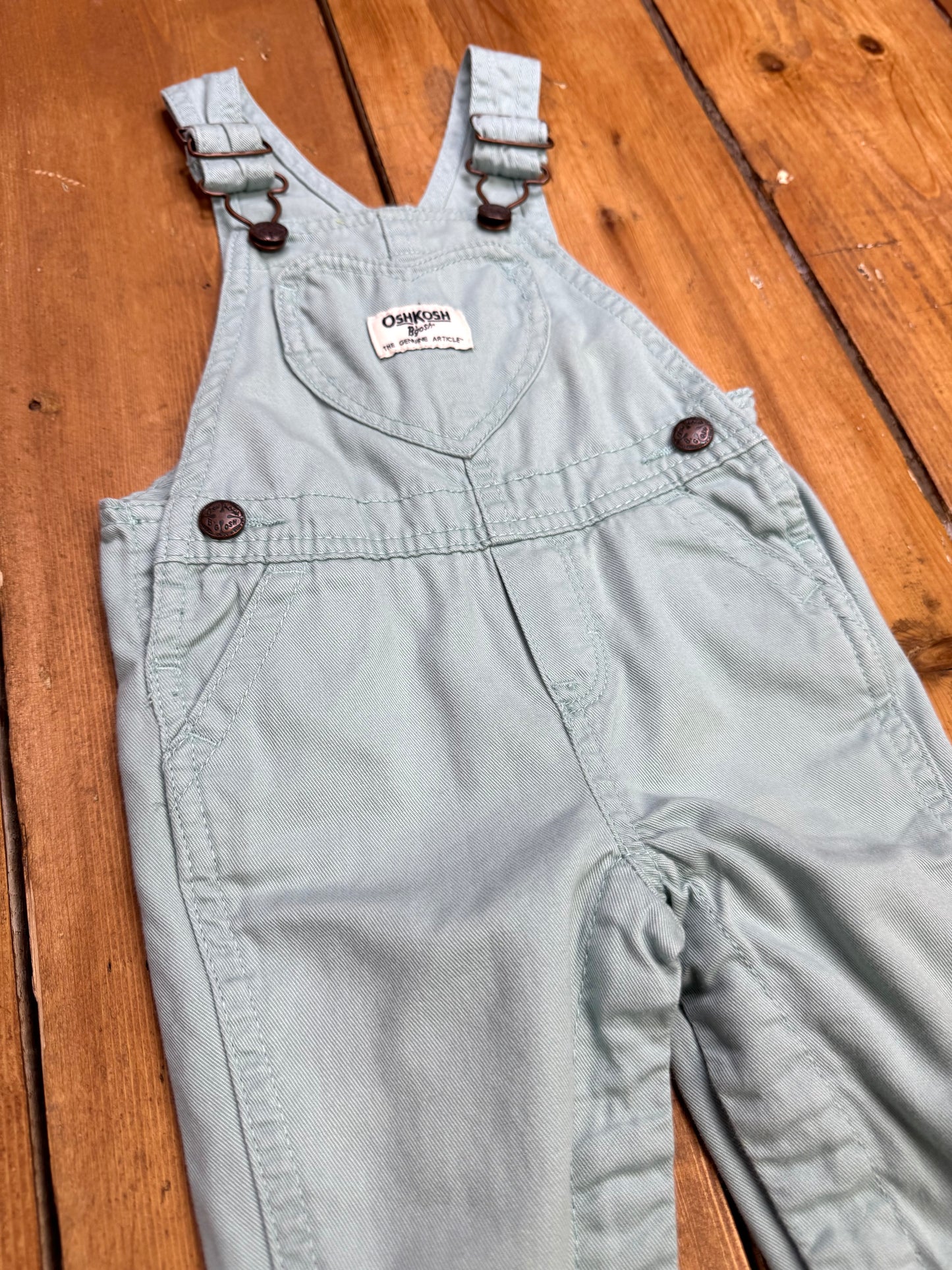 OshKosh mint green heart pocket dungarees. 12 months. Handpicked for Bee Tiny kids vintage.
