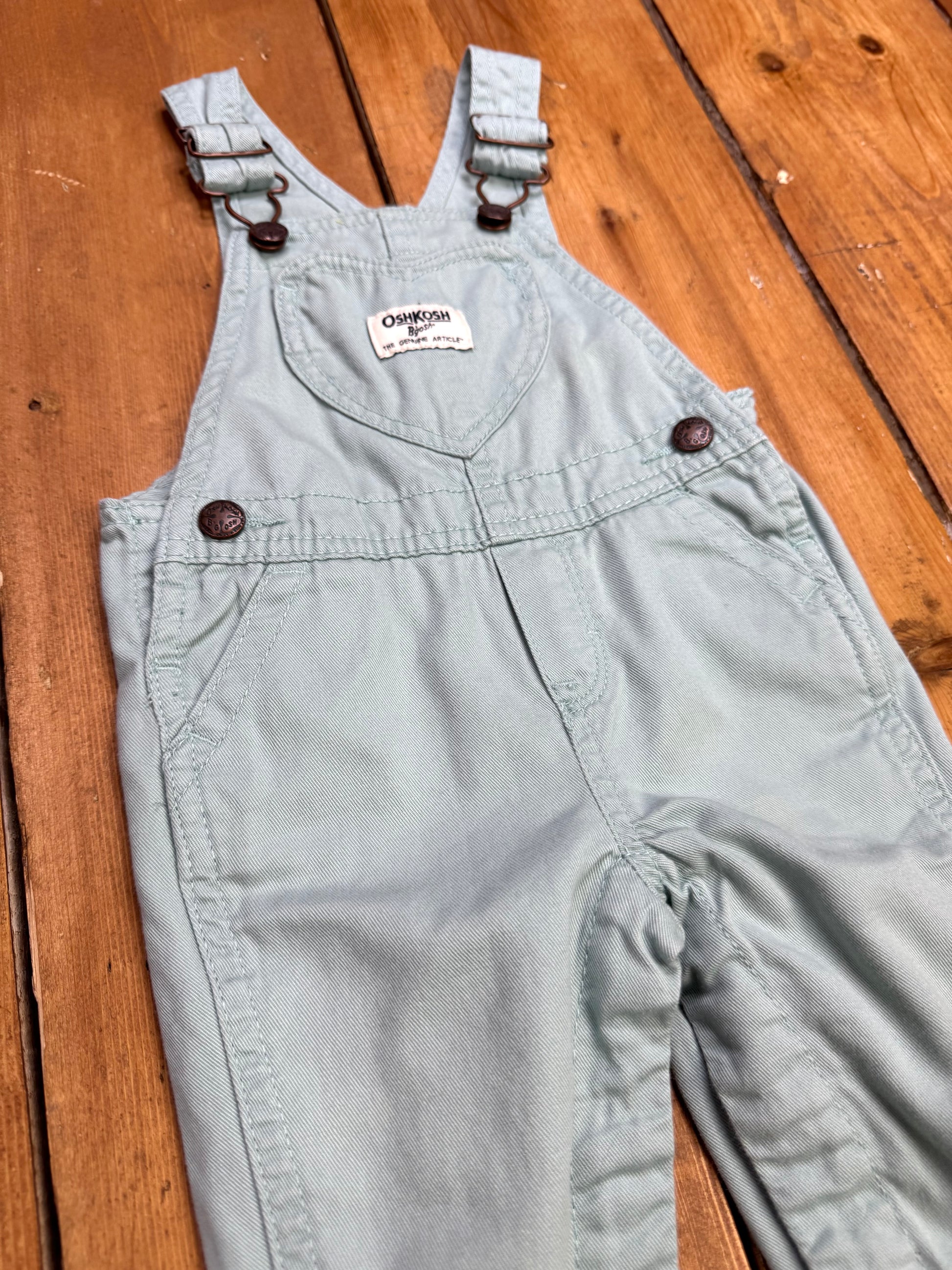OshKosh mint green heart pocket dungarees. 12 months. Handpicked for Bee Tiny kids vintage.