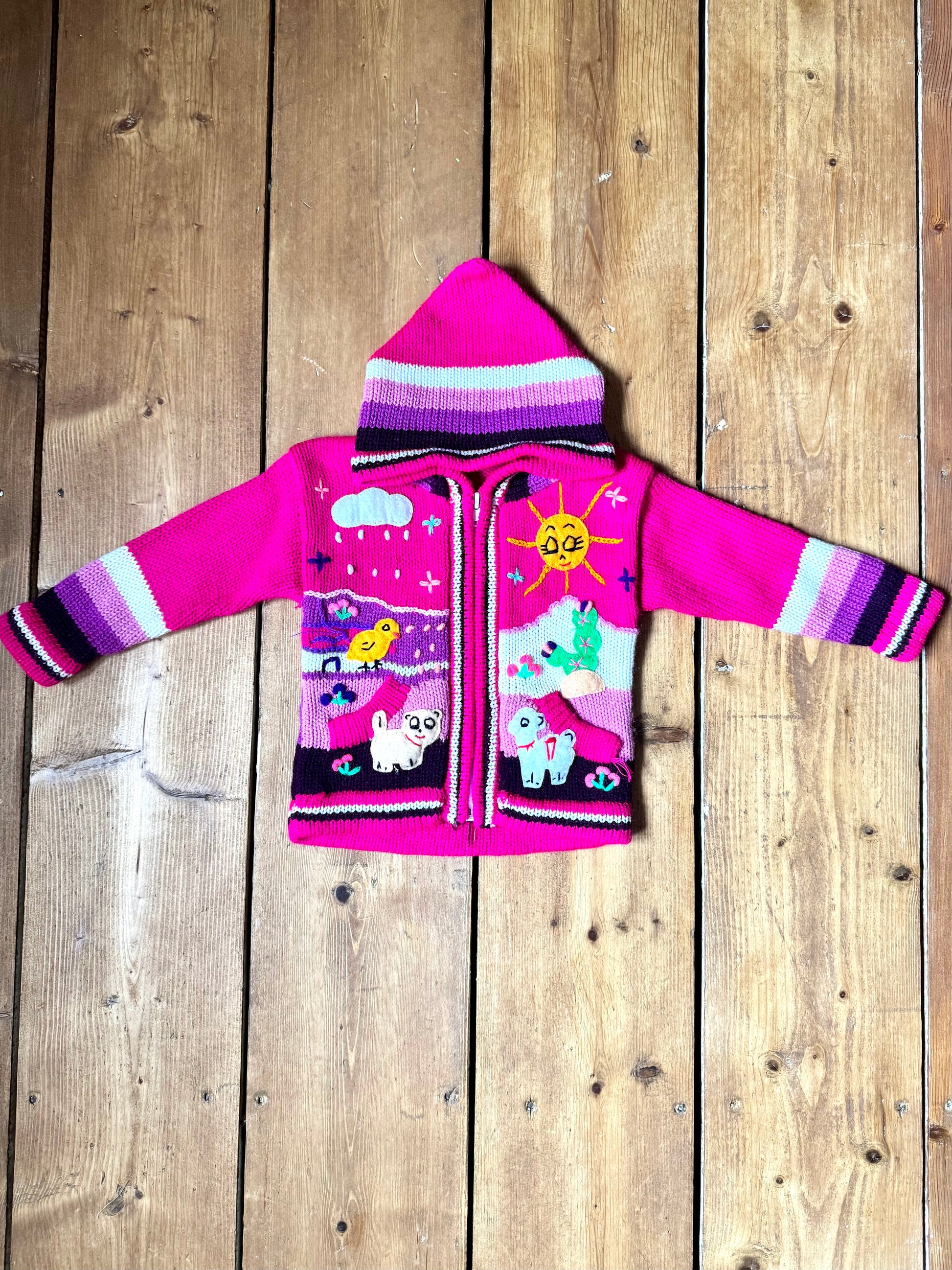 Pink character knitted jumper with hood. Handpicked for Bee Tiny kids vintage.