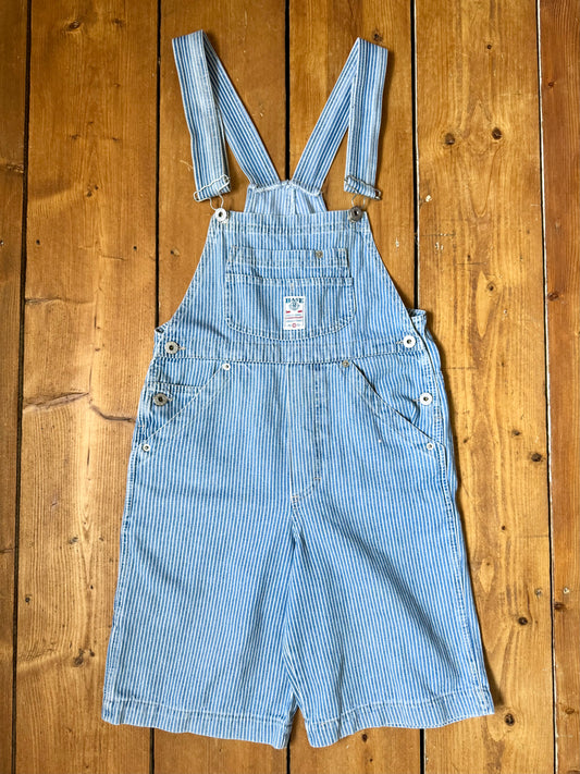 Vintage 90s hickory stripe denim short dungarees with adjustable straps. Vintage kids dungaree shorts. Handpicked for Bee Tiny kids vintage.