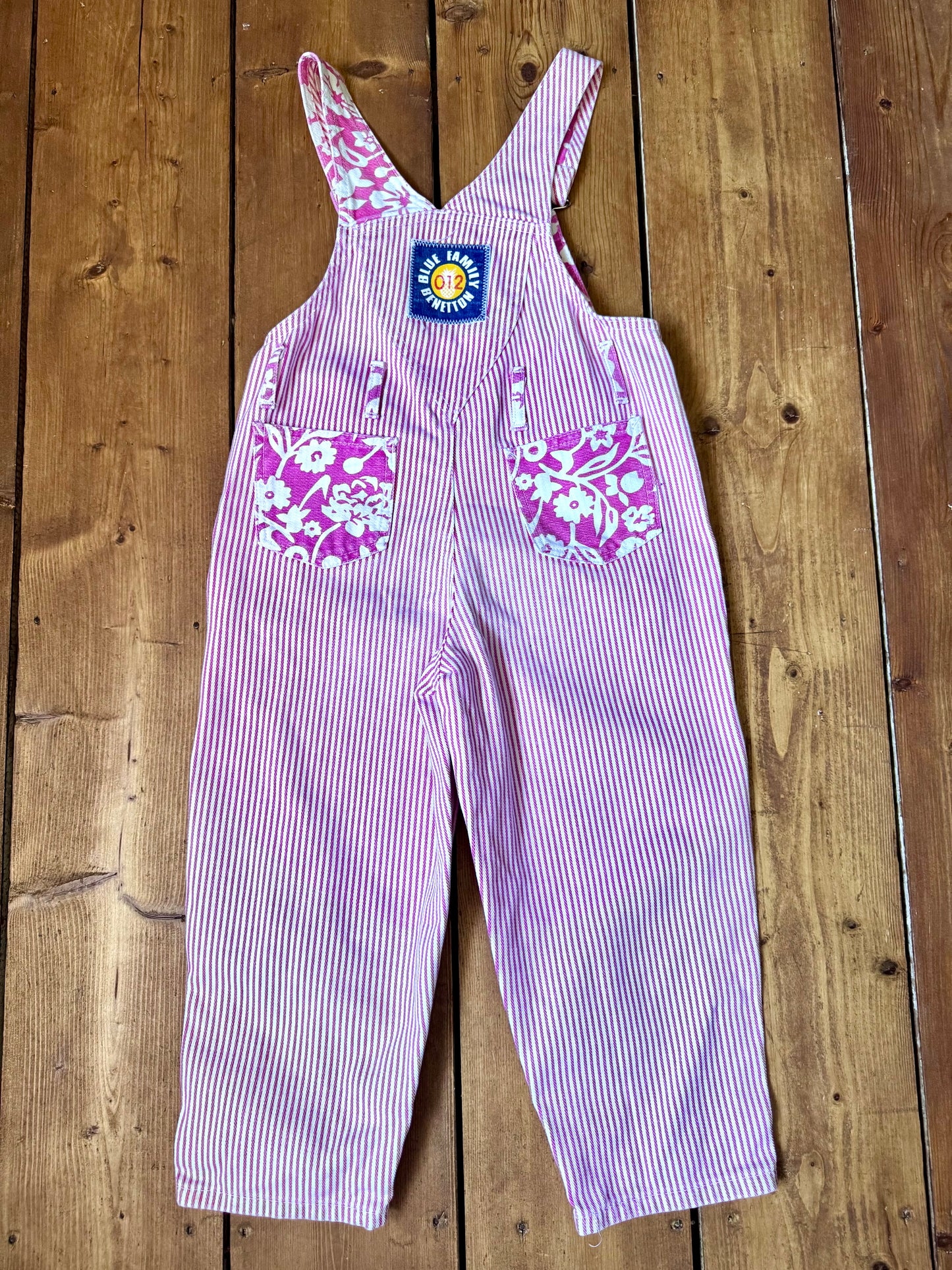 Vintage 90s Rare Benetton Pink Striped Denim Dungarees | 4 Years