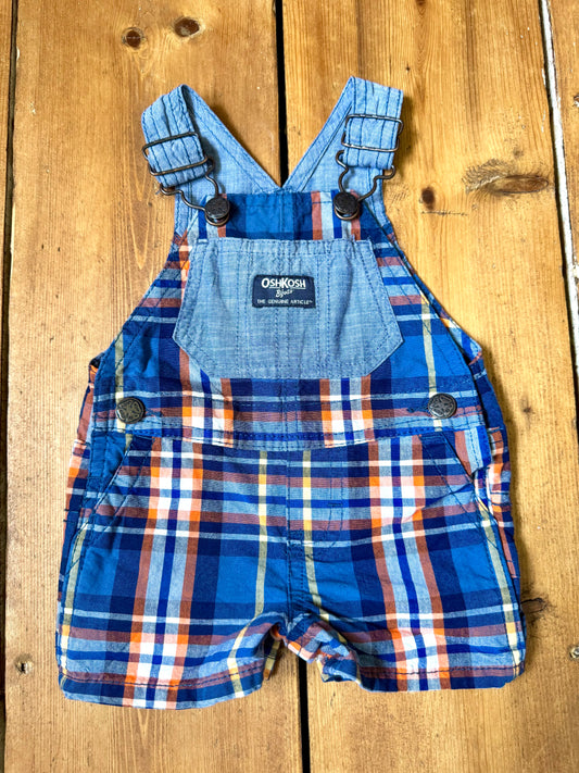 Vintage OshKosh checked dungaree shorts, in blue and orange check.Authentic early 2000s baby dungarees handpicked for Bee Tiny kids vintage.