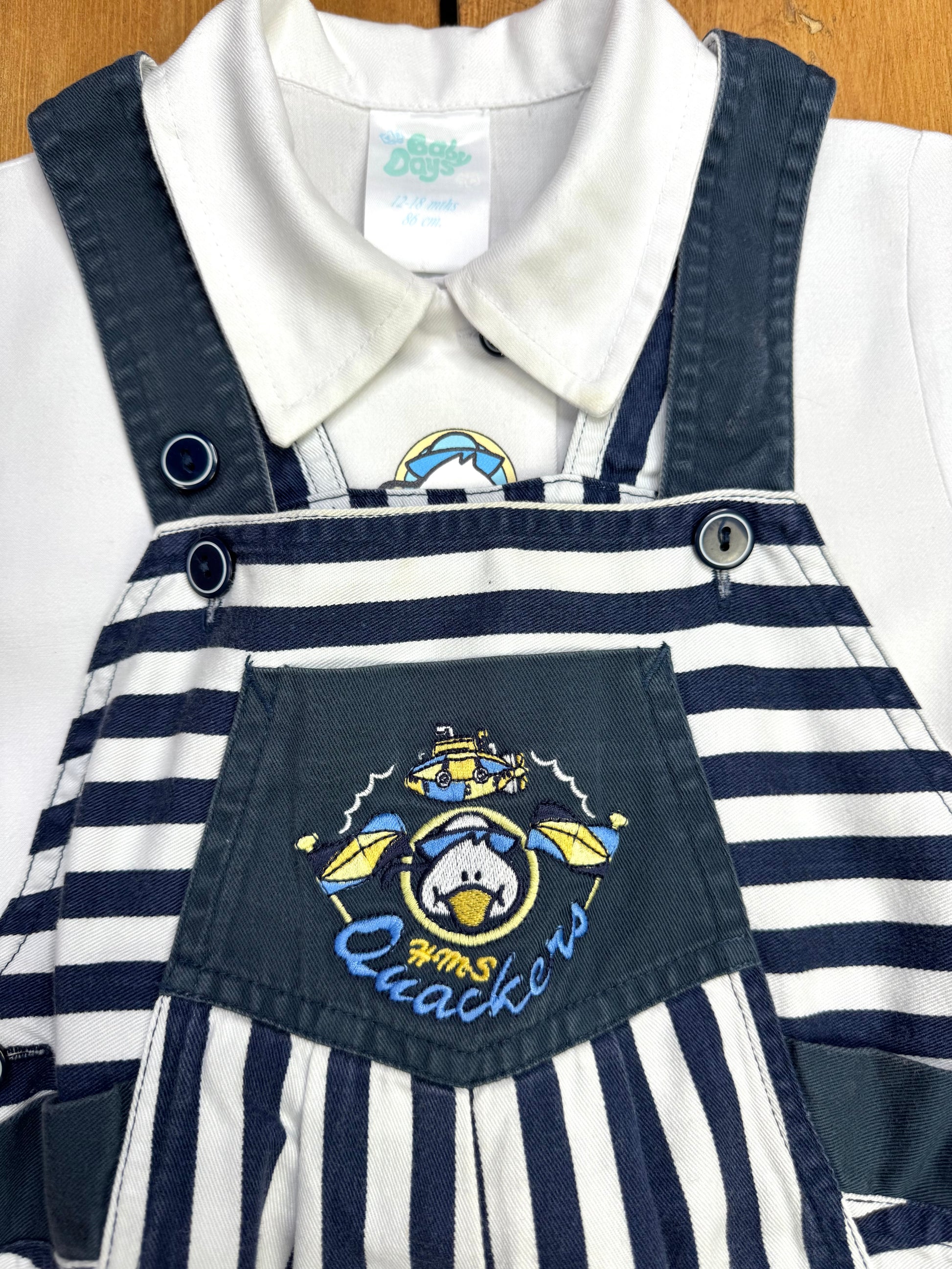 Vintage 90s nautical kids 2 piece striped dungaree and shirt set. 12-18 months. Handpicked for Bee Tiny kids vintage.