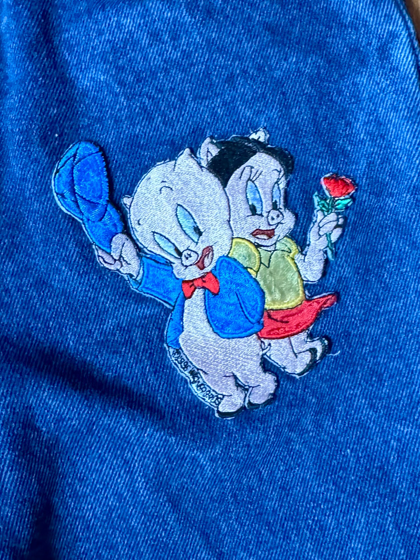 Vintage Armata Di Mare kids jeans with embroidered cartoon characters, blue denim construction and Y2K styling. Rare 1990s/2000s children's designer denim. Handpicked for Bee Tiny kids vintage.