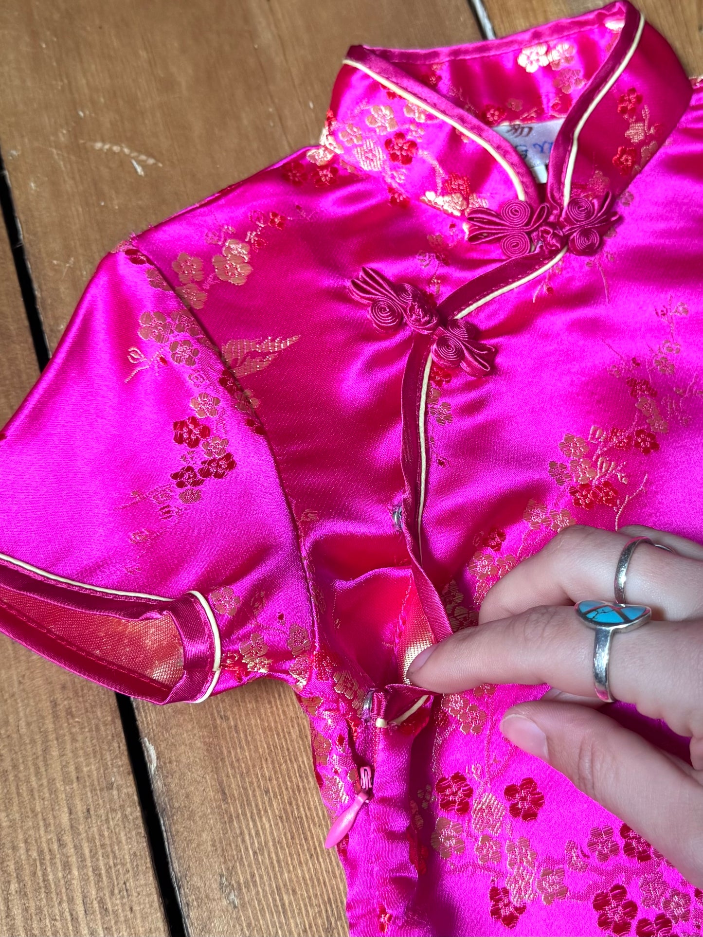 Vintage 90s pink satin qipao dress. Y2K childrens occasion wear. Age 4 years. Handpicked for Bee Tiny kids vintage. 