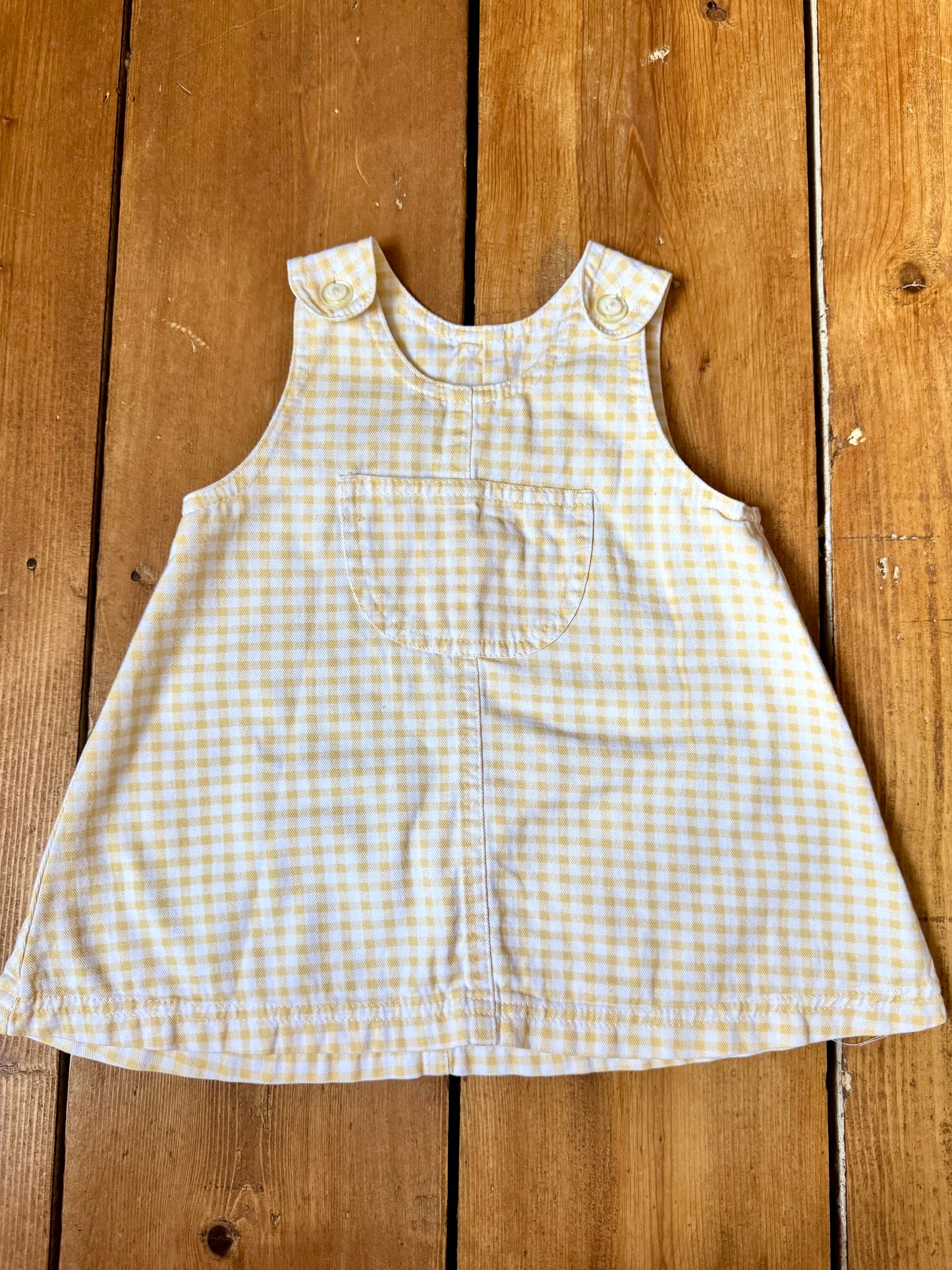Baby girls' 2 piece summer pinafore dress bundle in 3 months, featuring a coral embroidered pinafore and yellow gingham dress. Handpicked for Bee Tiny kids vintage.