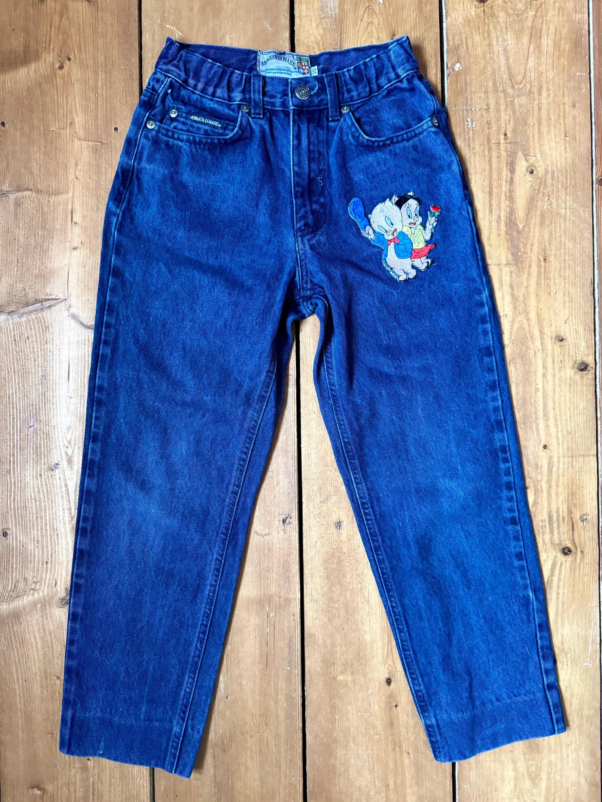 Vintage Armata Di Mare kids jeans with embroidered cartoon characters, blue denim construction and Y2K styling. Rare 1990s/2000s children's designer denim. Handpicked for Bee Tiny kids vintage.