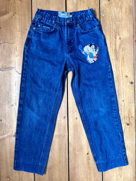 Vintage Armata Di Mare kids jeans with embroidered cartoon characters, blue denim construction and Y2K styling. Rare 1990s/2000s children's designer denim. Handpicked for Bee Tiny kids vintage.