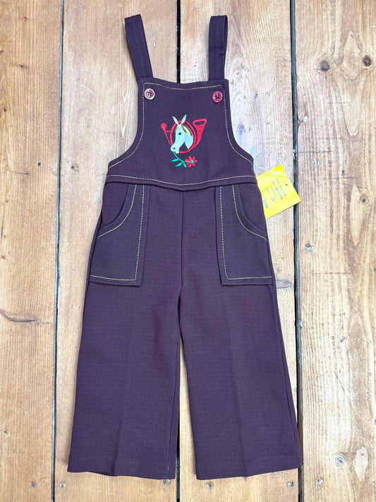 Vintage 70s Cuckoo brown horse dungarees. Age 2 years. Handpicked for Bee Tiny kids vintage.