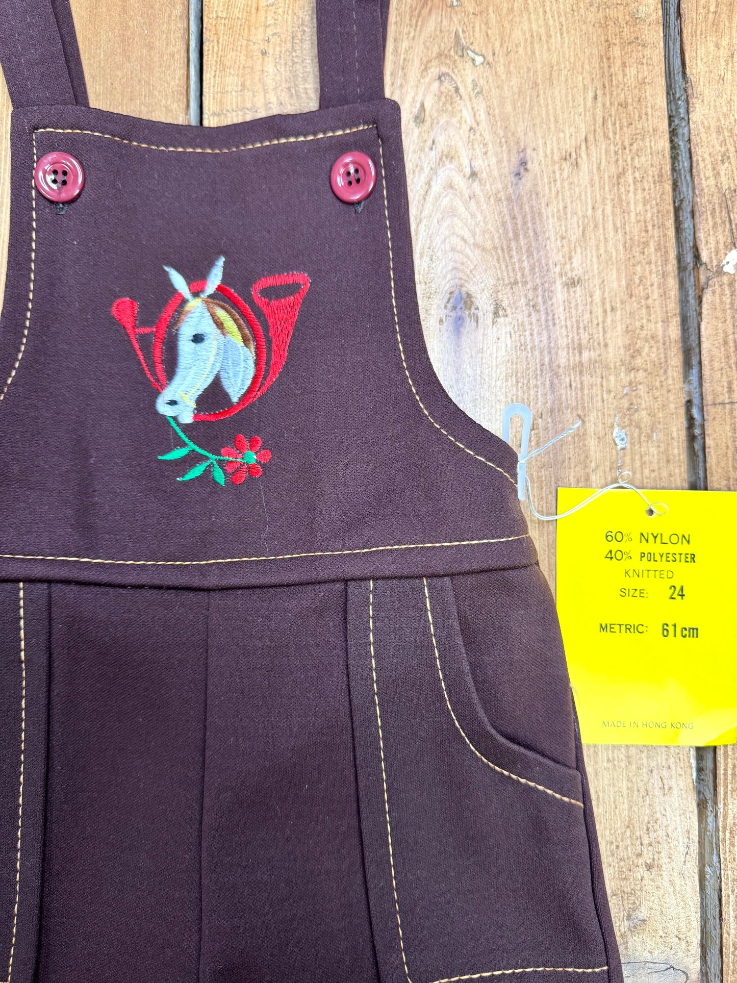Vintage 70s Cuckoo brown horse dungarees. Age 2 years. Handpicked for Bee Tiny kids vintage.