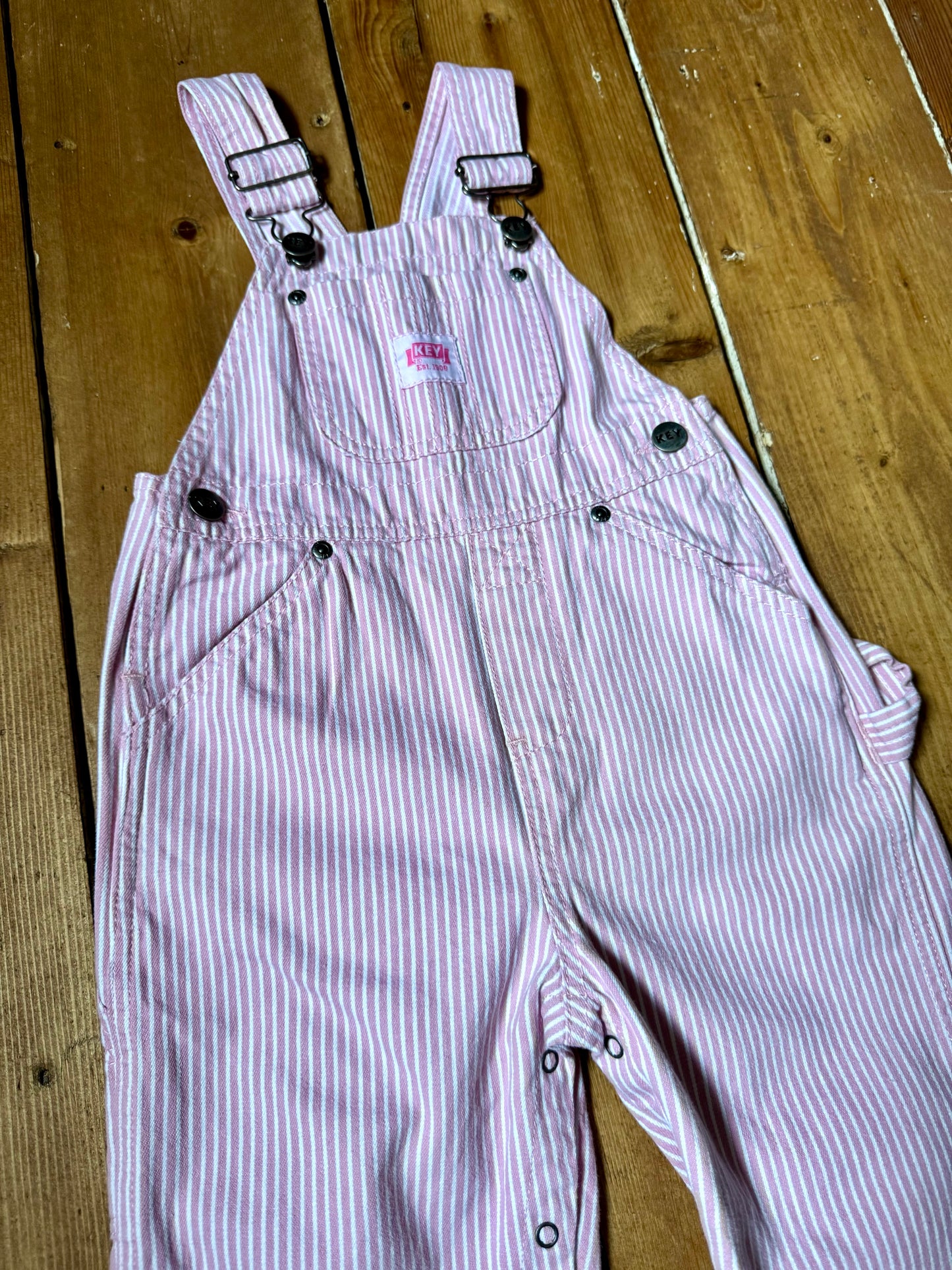 KEY pink and white hickory striped toddler dungarees. Age 18 months. Handpicked for Bee Tiny kids vintage.
