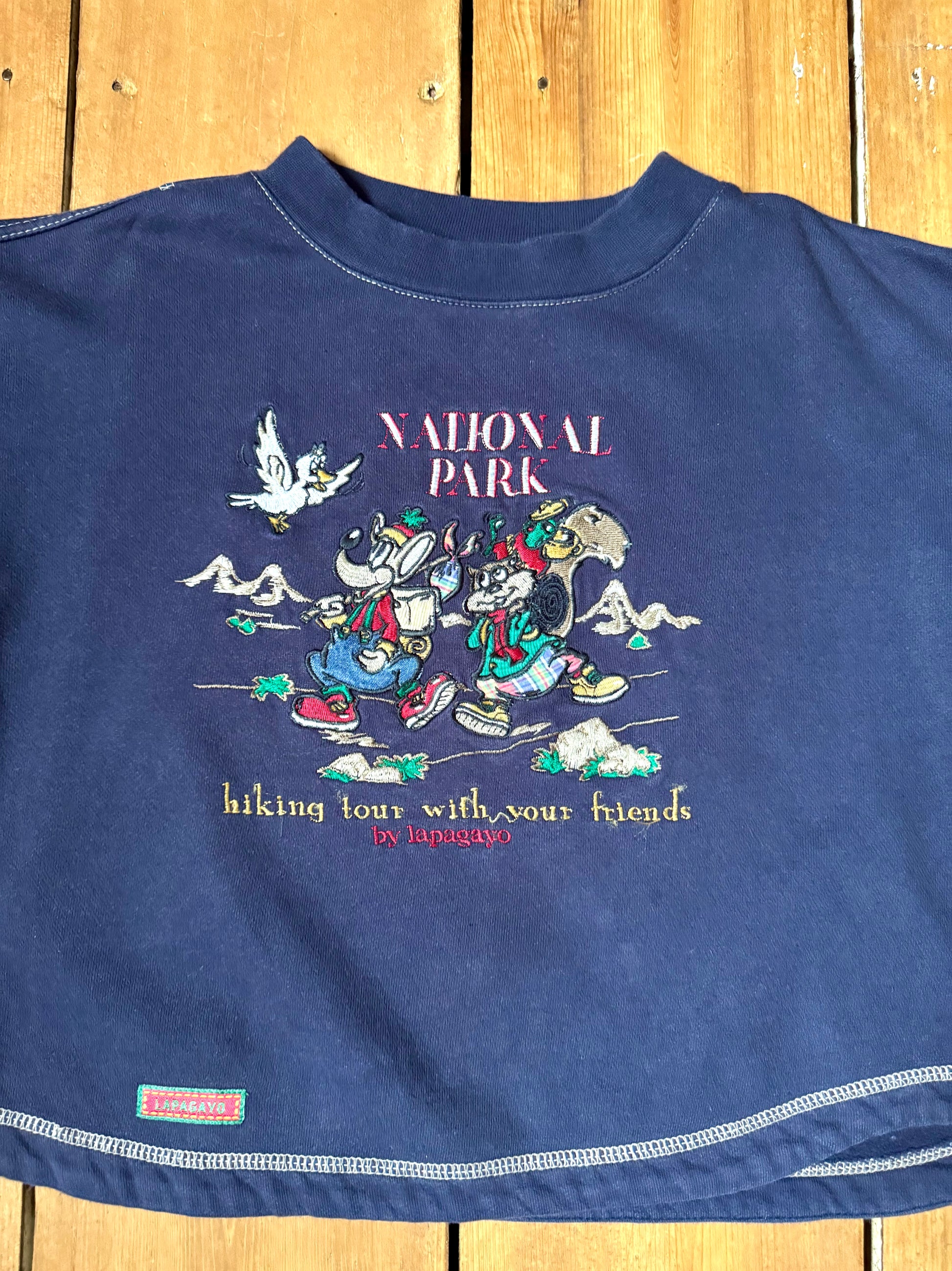 Vintage Lapayago National Park embroidered navy kids sweatshirt from the 90s. Handpicked for Bee Tiny kids vintage.