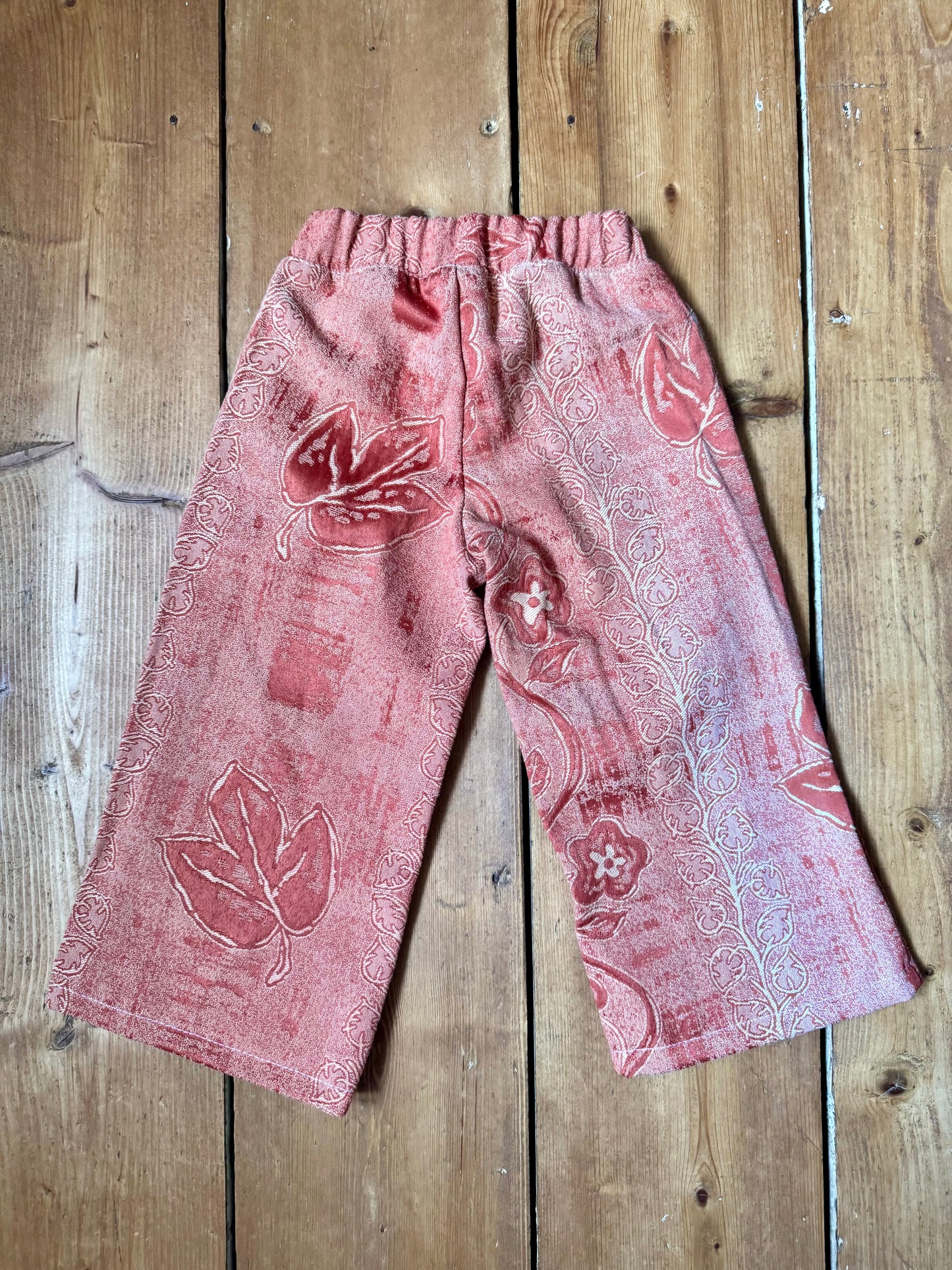 Handmade kids 2 piece coordinating set. Pixie hat and trouser matching kids set made from vintage fabric. Handmade for Bee Tiny kids vintage. One of a kind. 