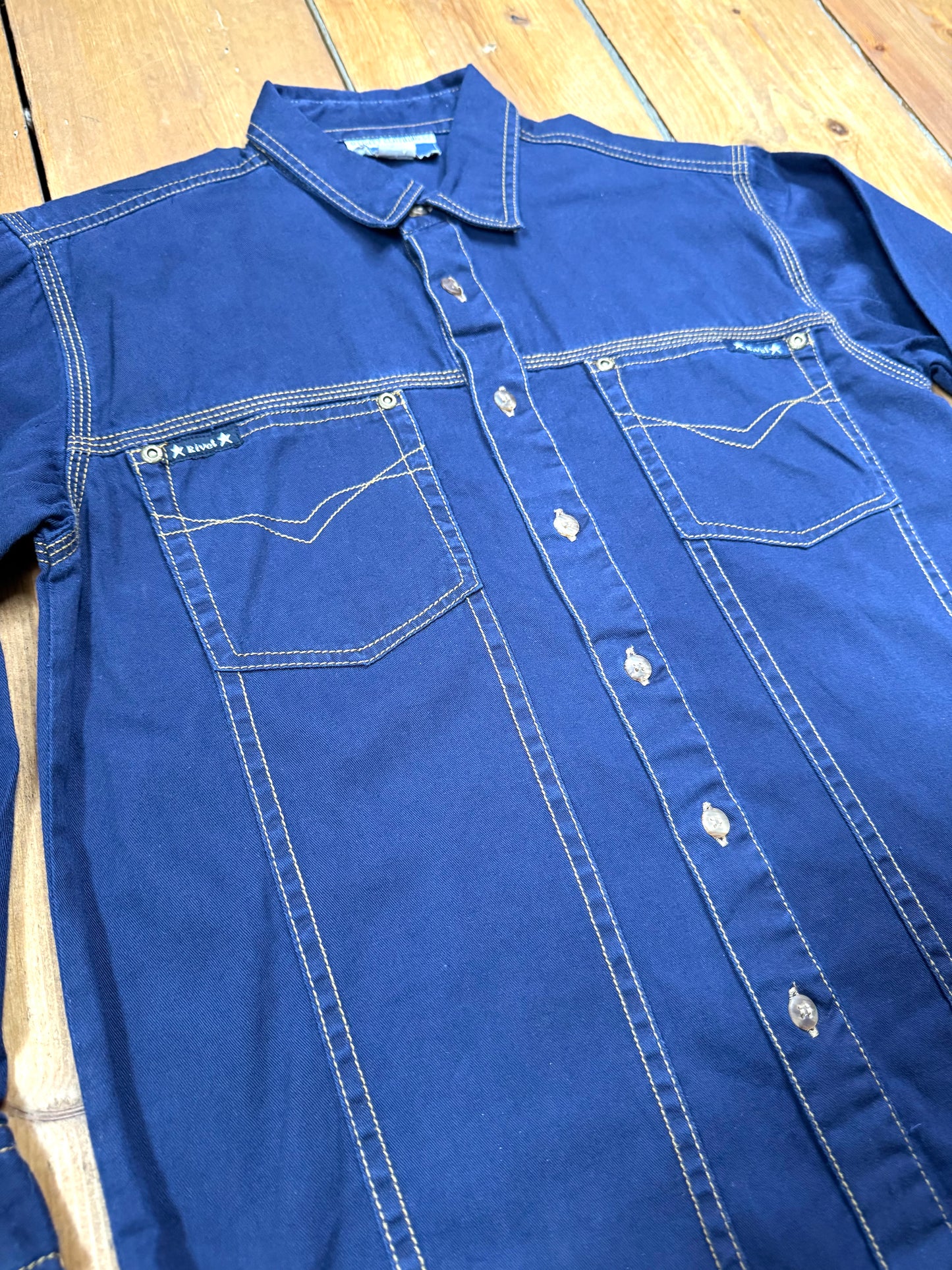Vintage 90s Adams denim utility shirt. Age 8-9 years. Handpicked for Bee Tiny kids vintage.