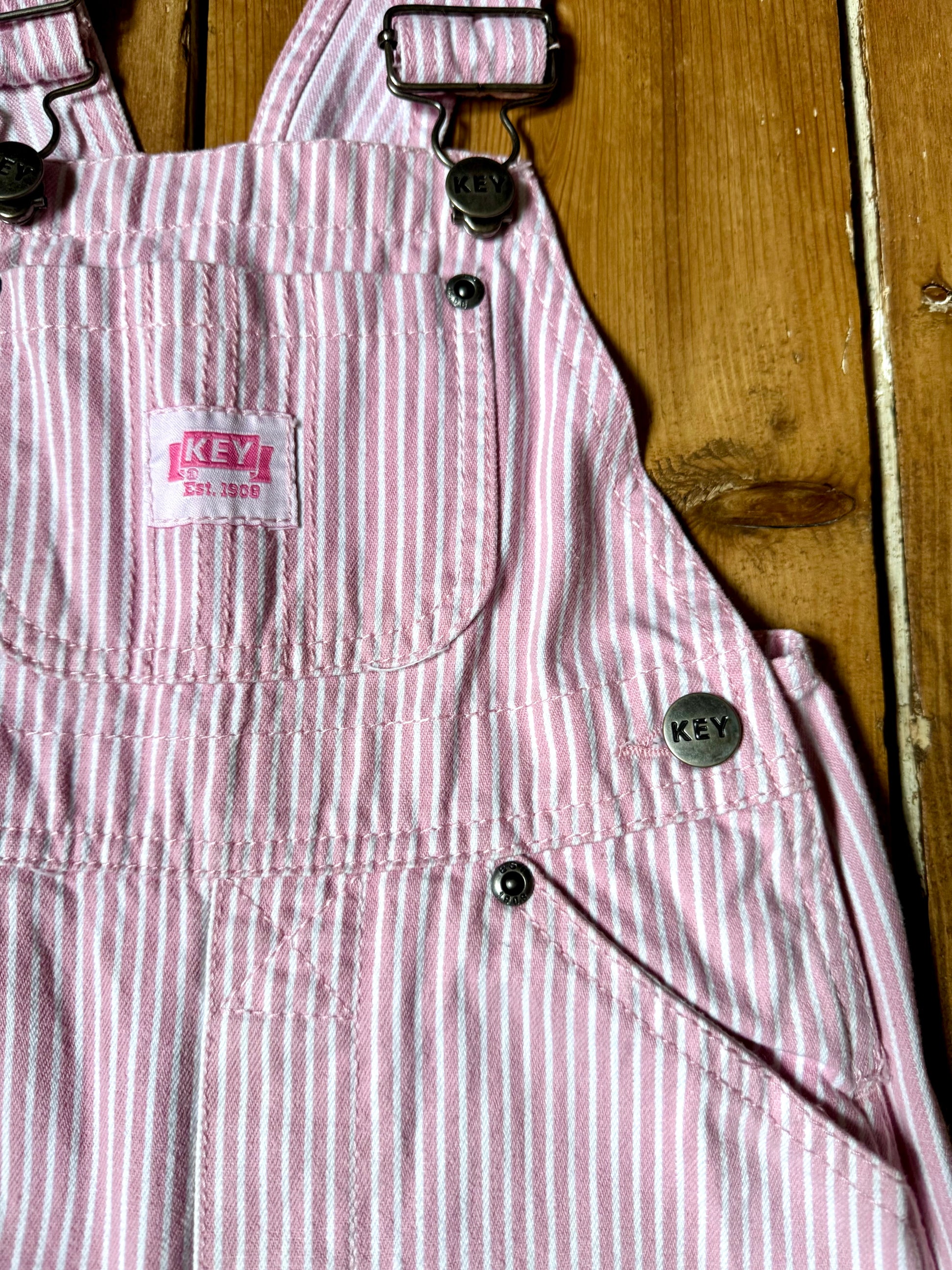 KEY pink and white hickory striped toddler dungarees. Age 18 months. Handpicked for Bee Tiny kids vintage.