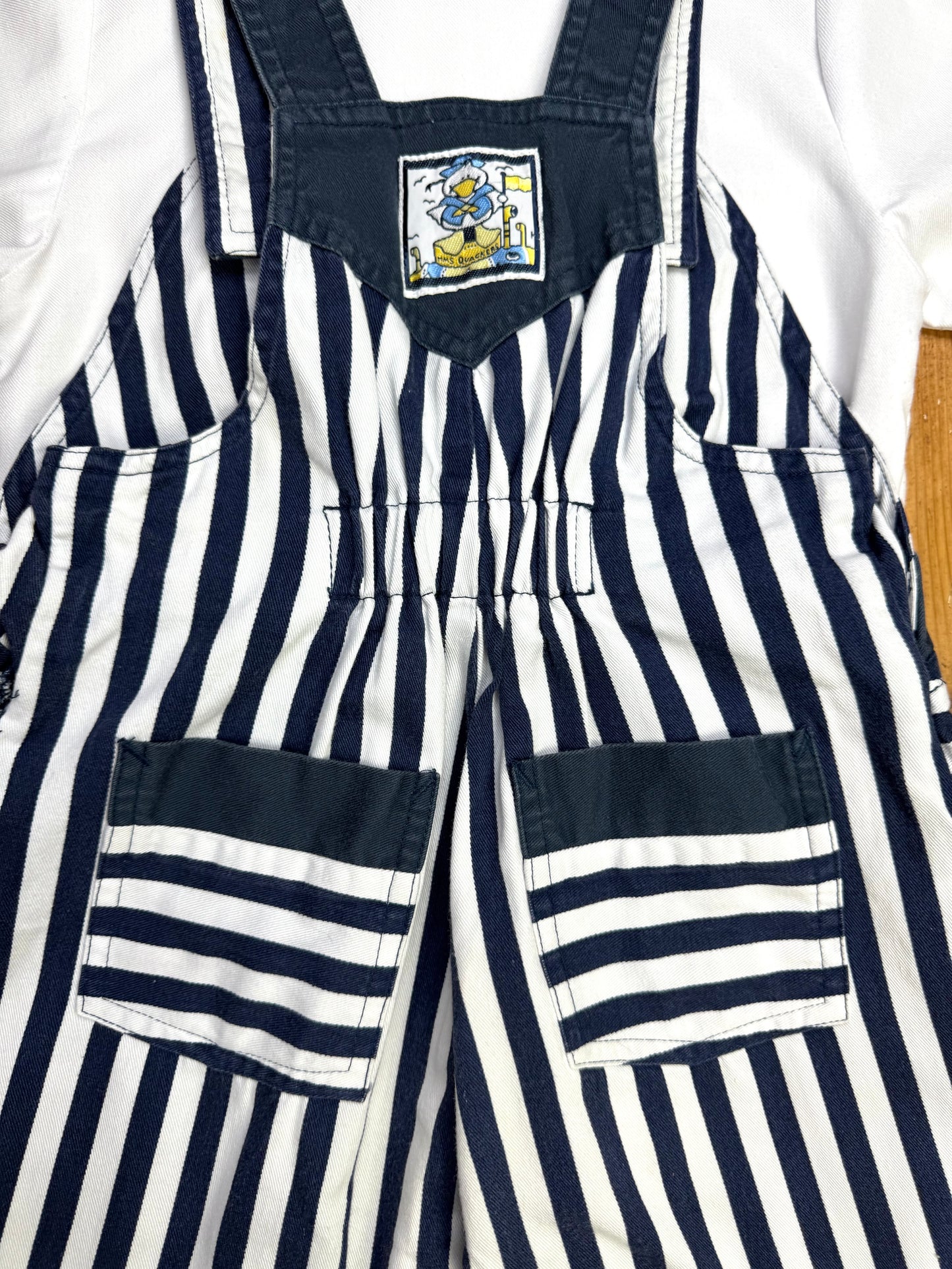 Vintage 90s nautical kids 2 piece striped dungaree and shirt set. 12-18 months. Handpicked for Bee Tiny kids vintage.