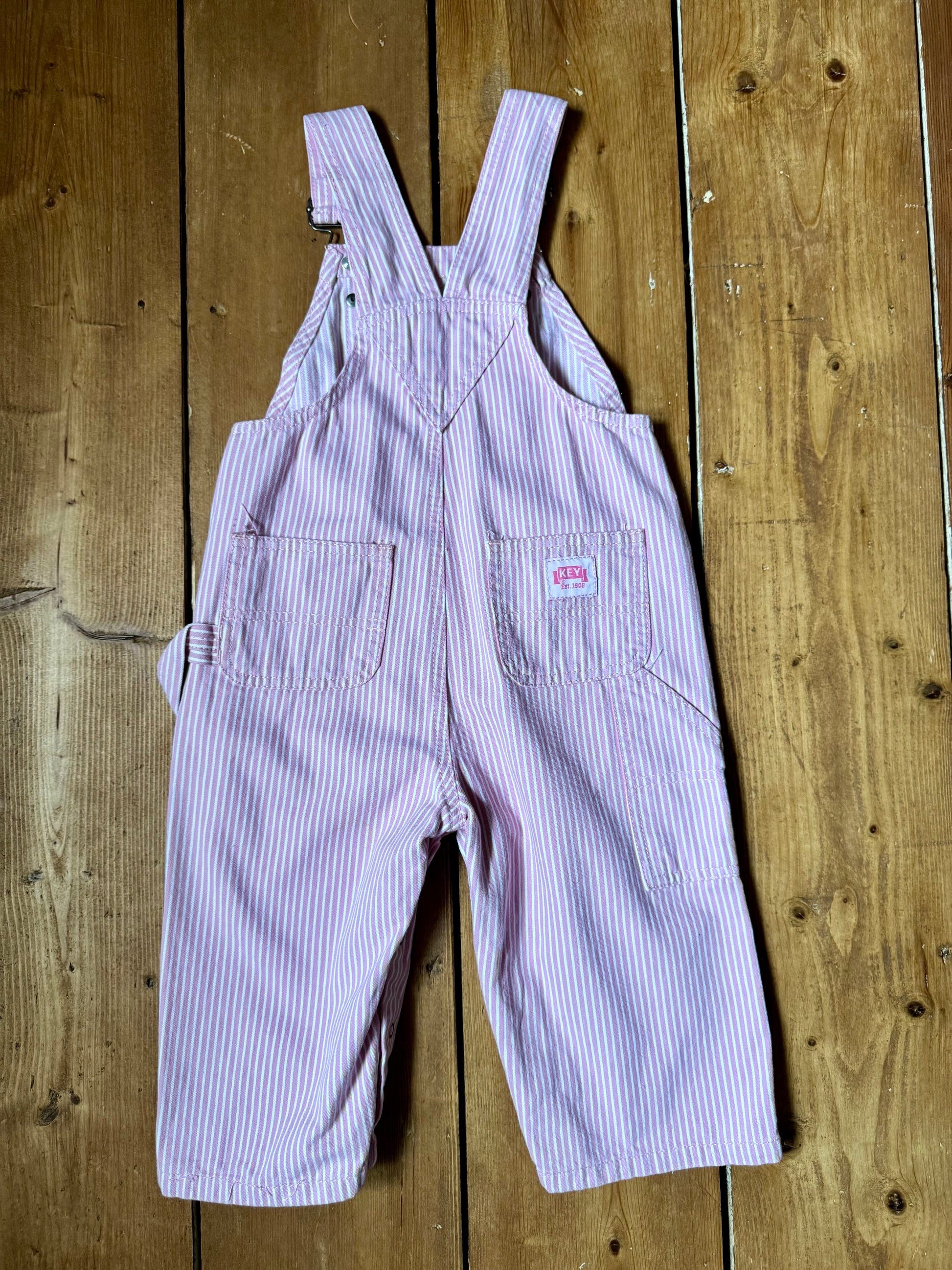 KEY pink and white hickory striped toddler dungarees. Age 18 months. Handpicked for Bee Tiny kids vintage.