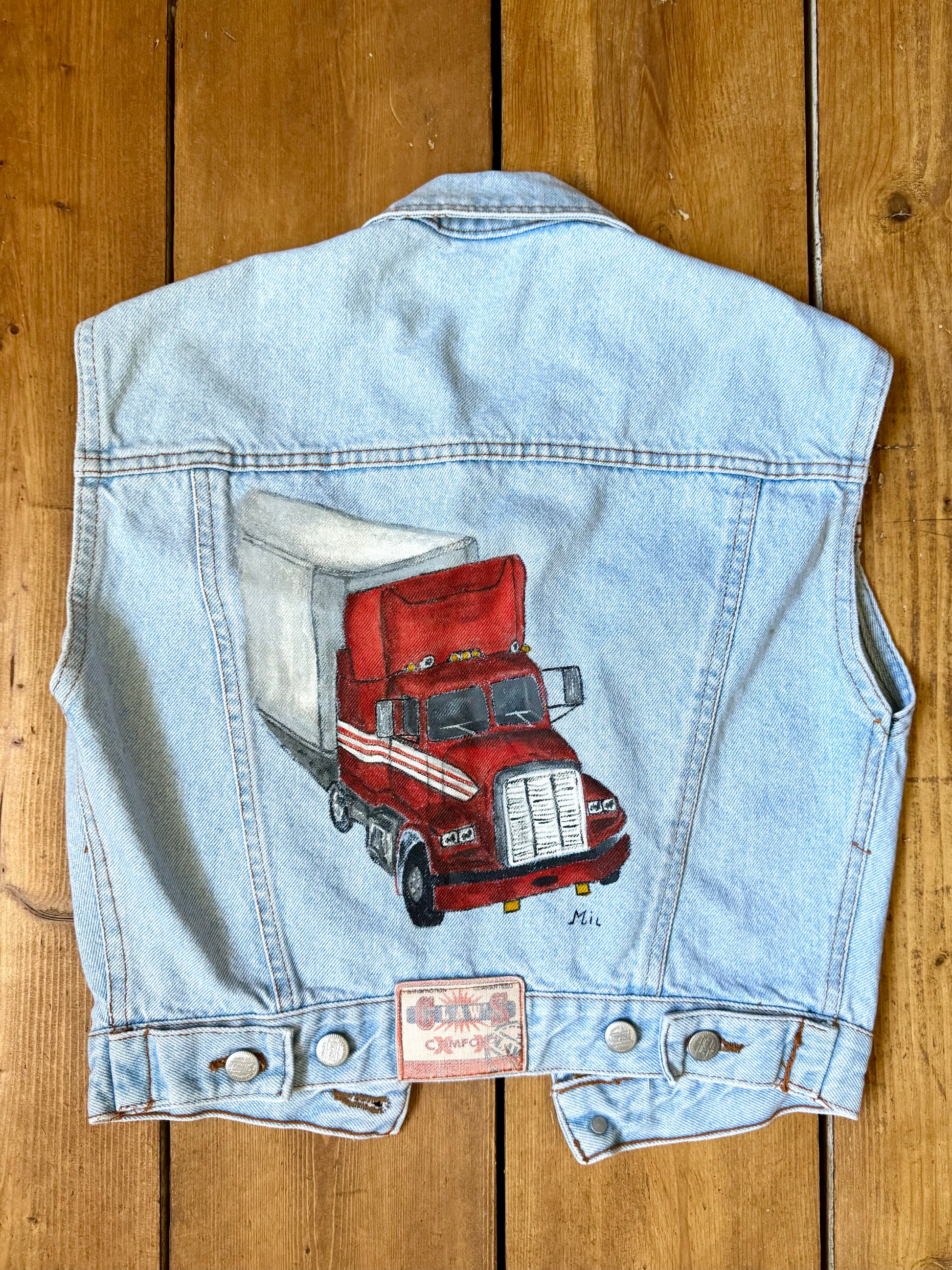 Vintage 90s Claws denim vest with a handpainted red truck on the back panel. One of a kind unique vintage item handpicked for Bee Tiny kids vintage. Age 11 years. wear oversized.