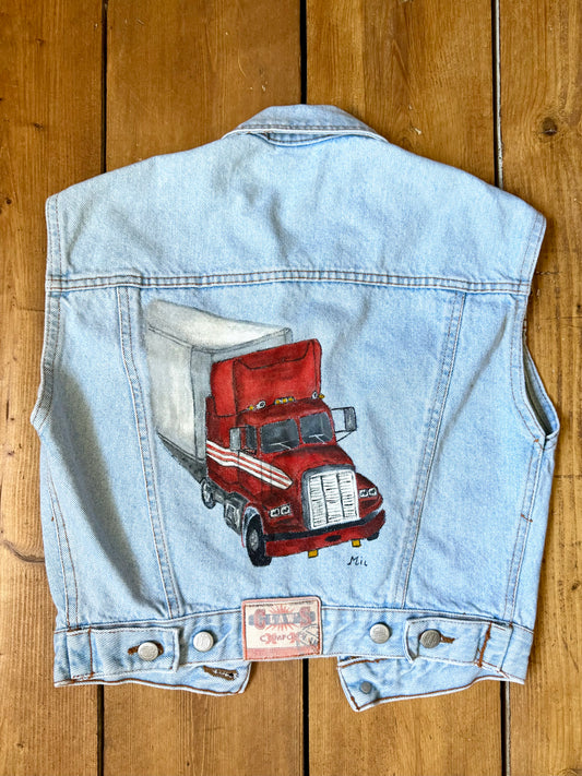 Vintage 90s Claws denim vest with a handpainted red truck on the back panel. One of a kind unique vintage item handpicked for Bee Tiny kids vintage. Age 11 years. wear oversized.
