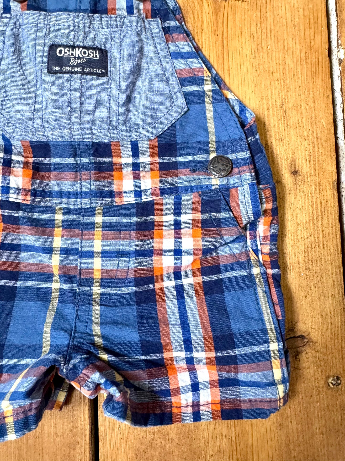 Vintage OshKosh checked dungaree shorts, in blue and orange check.Authentic early 2000s baby dungarees handpicked for Bee Tiny kids vintage.