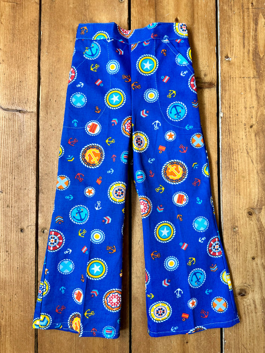 Vintage 70s Cuckoo Blue Nautical Print Trousers | 3 Years