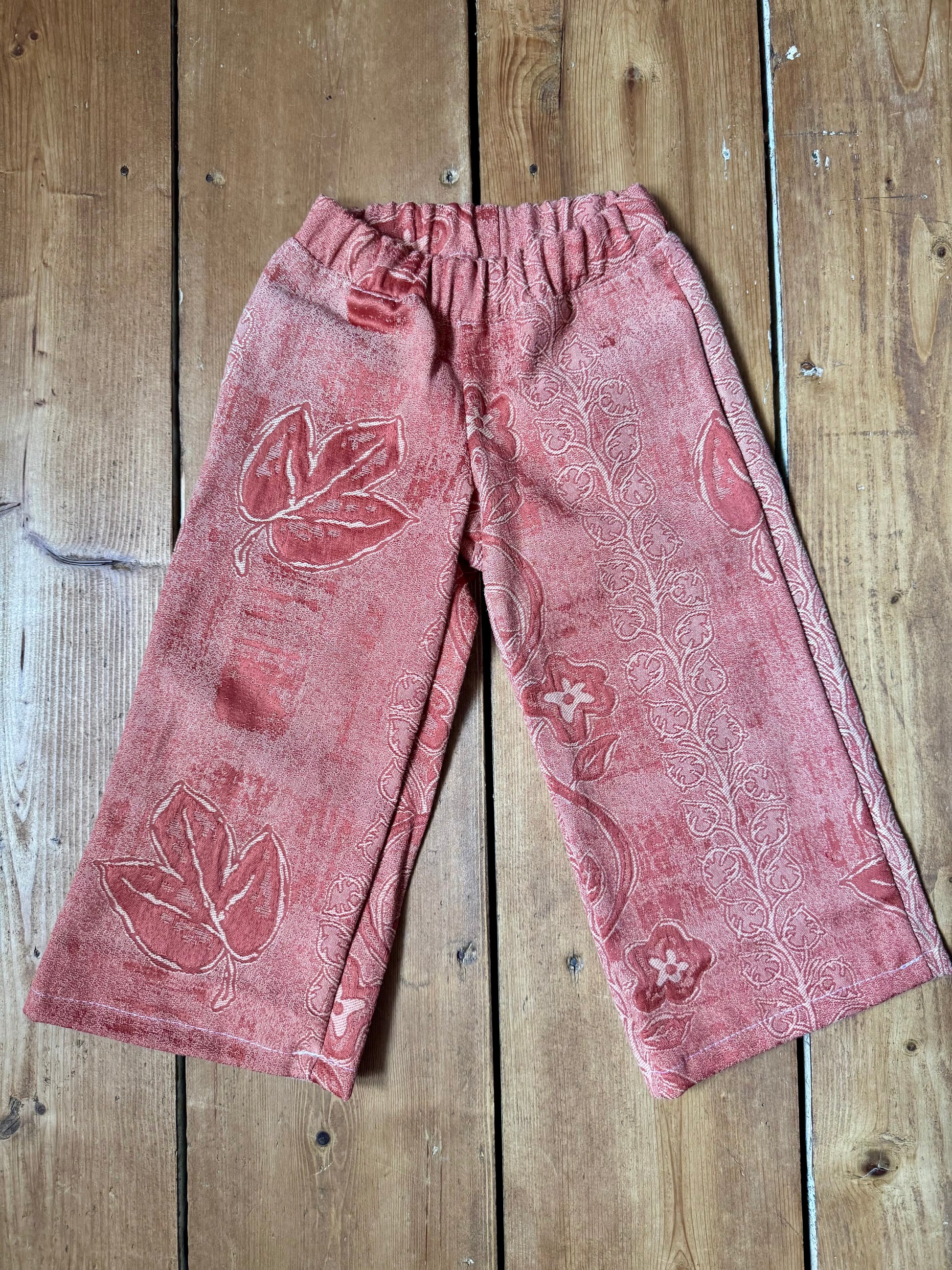 Handmade kids 2 piece coordinating set. Pixie hat and trouser matching kids set made from vintage fabric. Handmade for Bee Tiny kids vintage. One of a kind. 