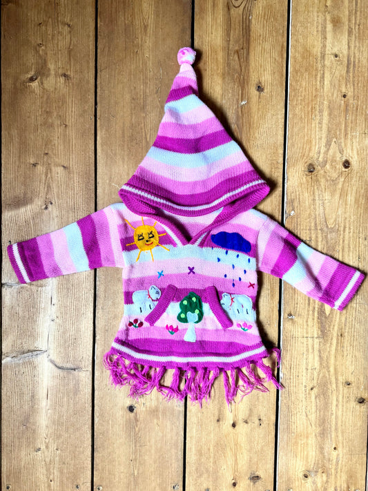 Pink character knitted jumper with pixie hood. Handpicked for Bee Tiny kids vintage. Festival clothing for kids.