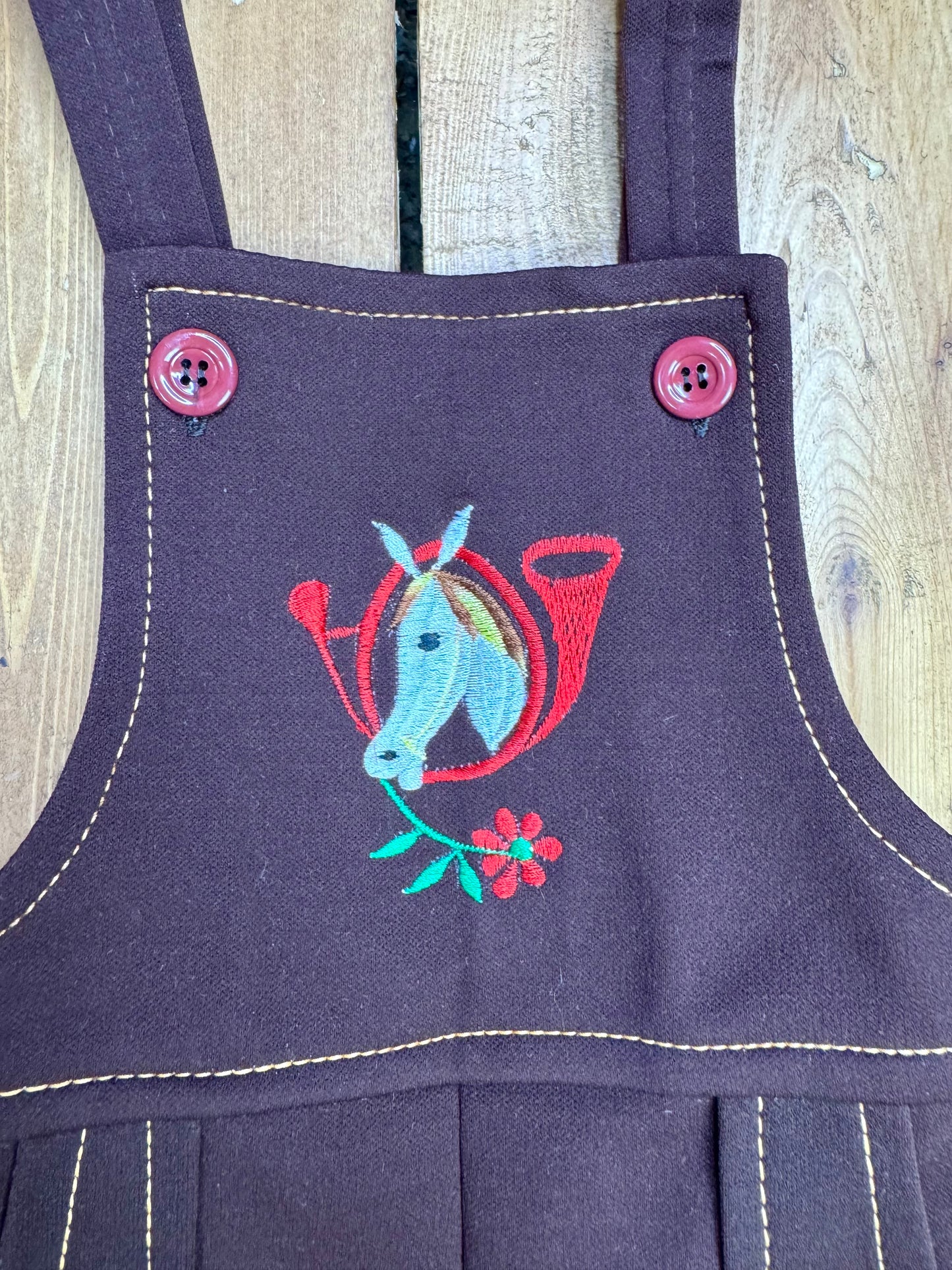 Vintage 70s Cuckoo brown horse dungarees. Age 2 years. Handpicked for Bee Tiny kids vintage.