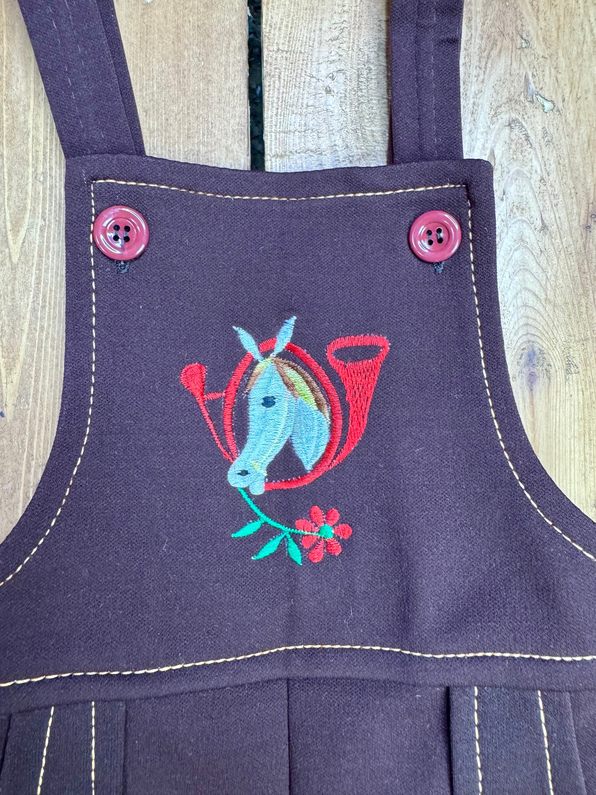 Vintage 70s Cuckoo brown horse dungarees. Age 2 years. Handpicked for Bee Tiny kids vintage.