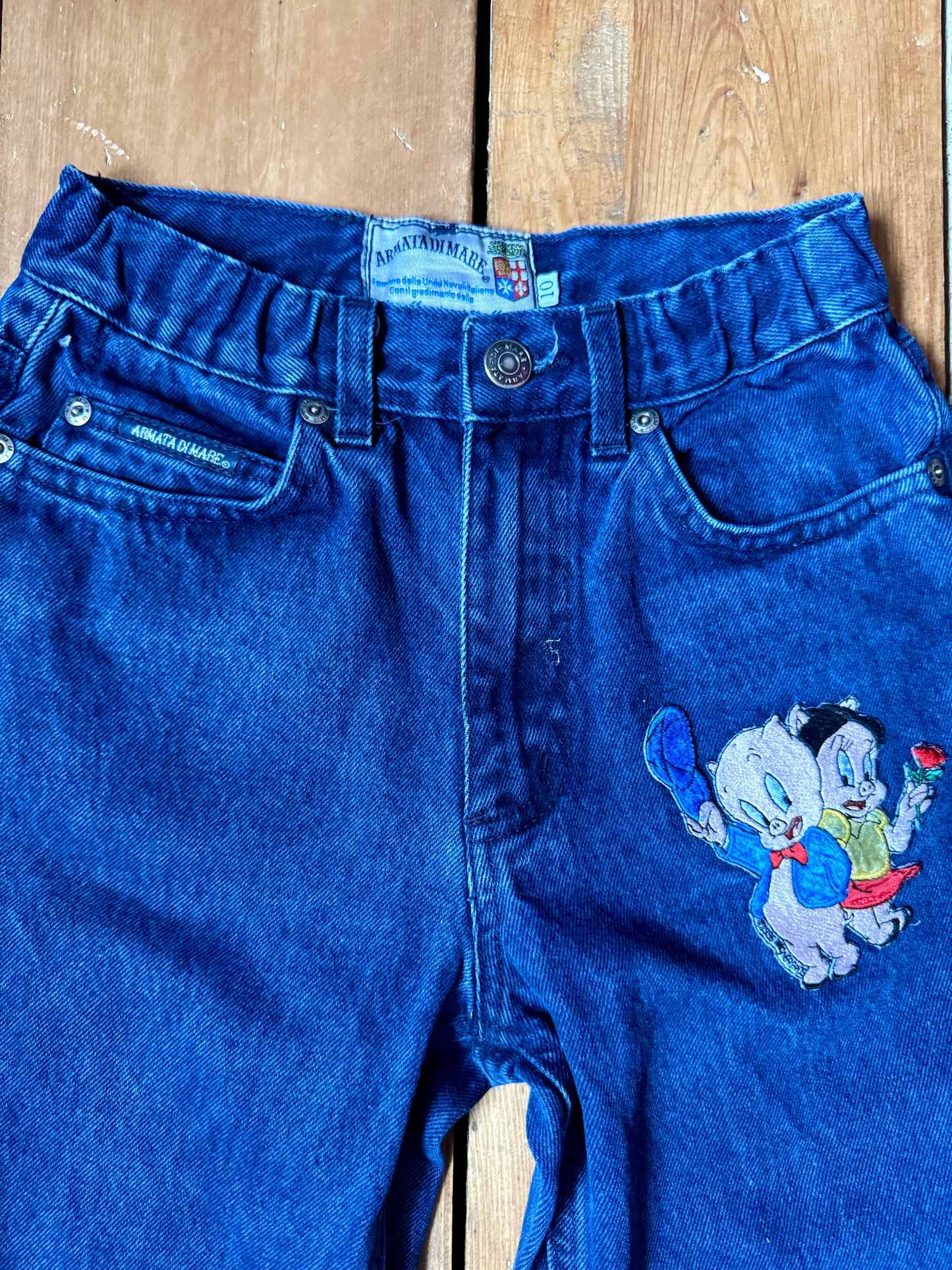 Vintage Armata Di Mare kids jeans with embroidered cartoon characters, blue denim construction and Y2K styling. Rare 1990s/2000s children's designer denim. Handpicked for Bee Tiny kids vintage.