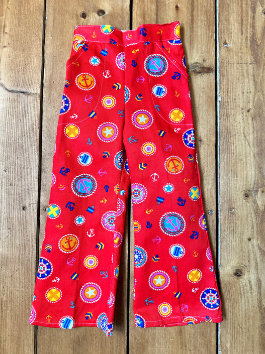 Vintage 70s Cuckoo Red Nautical Print Trousers | 3 Years