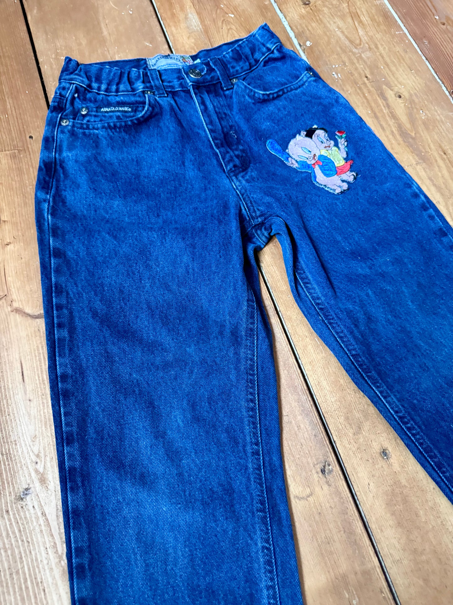 Vintage Armata Di Mare kids jeans with embroidered cartoon characters, blue denim construction and Y2K styling. Rare 1990s/2000s children's designer denim. Handpicked for Bee Tiny kids vintage.