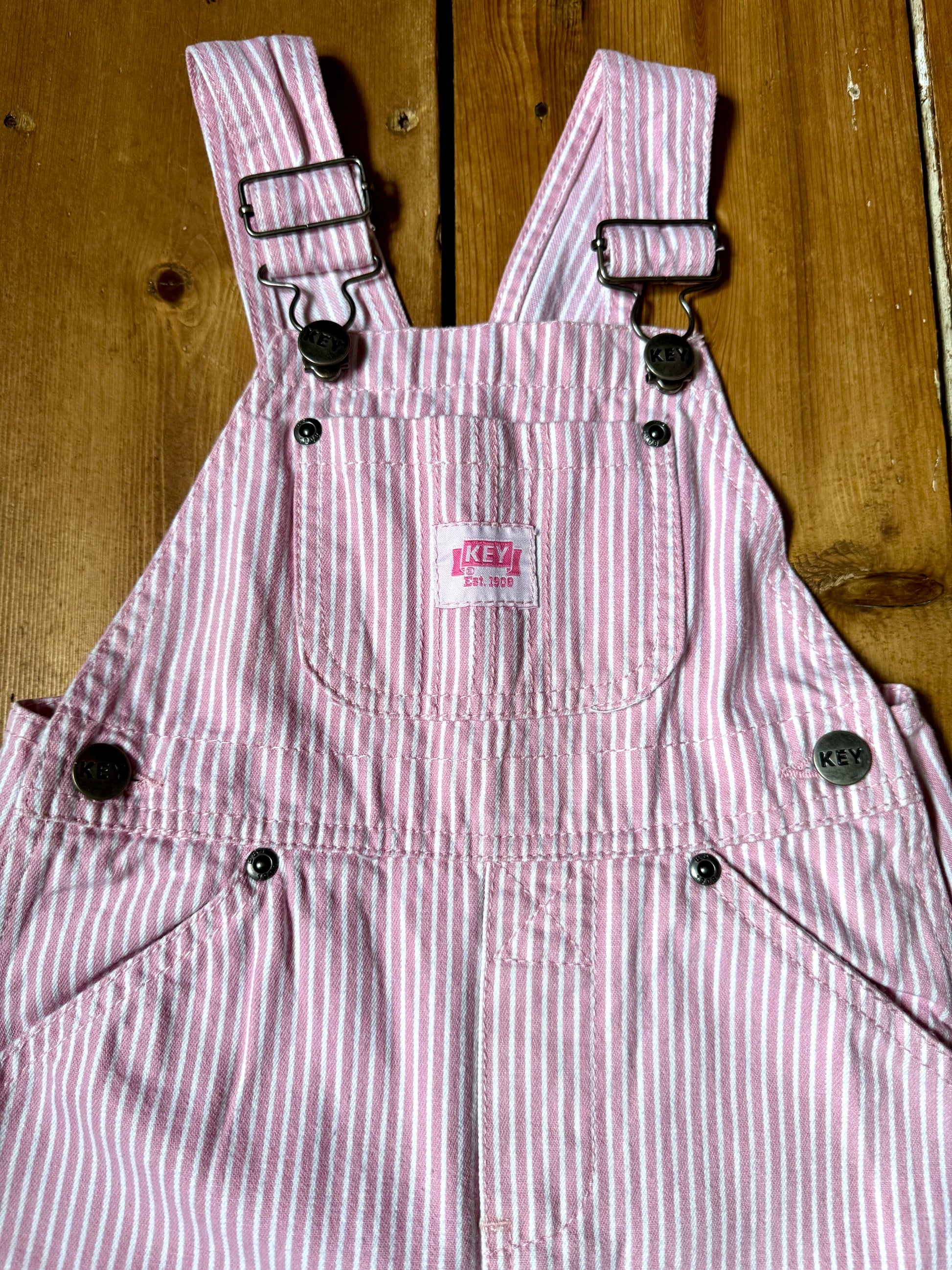 KEY pink and white hickory striped toddler dungarees. Age 18 months. Handpicked for Bee Tiny kids vintage.