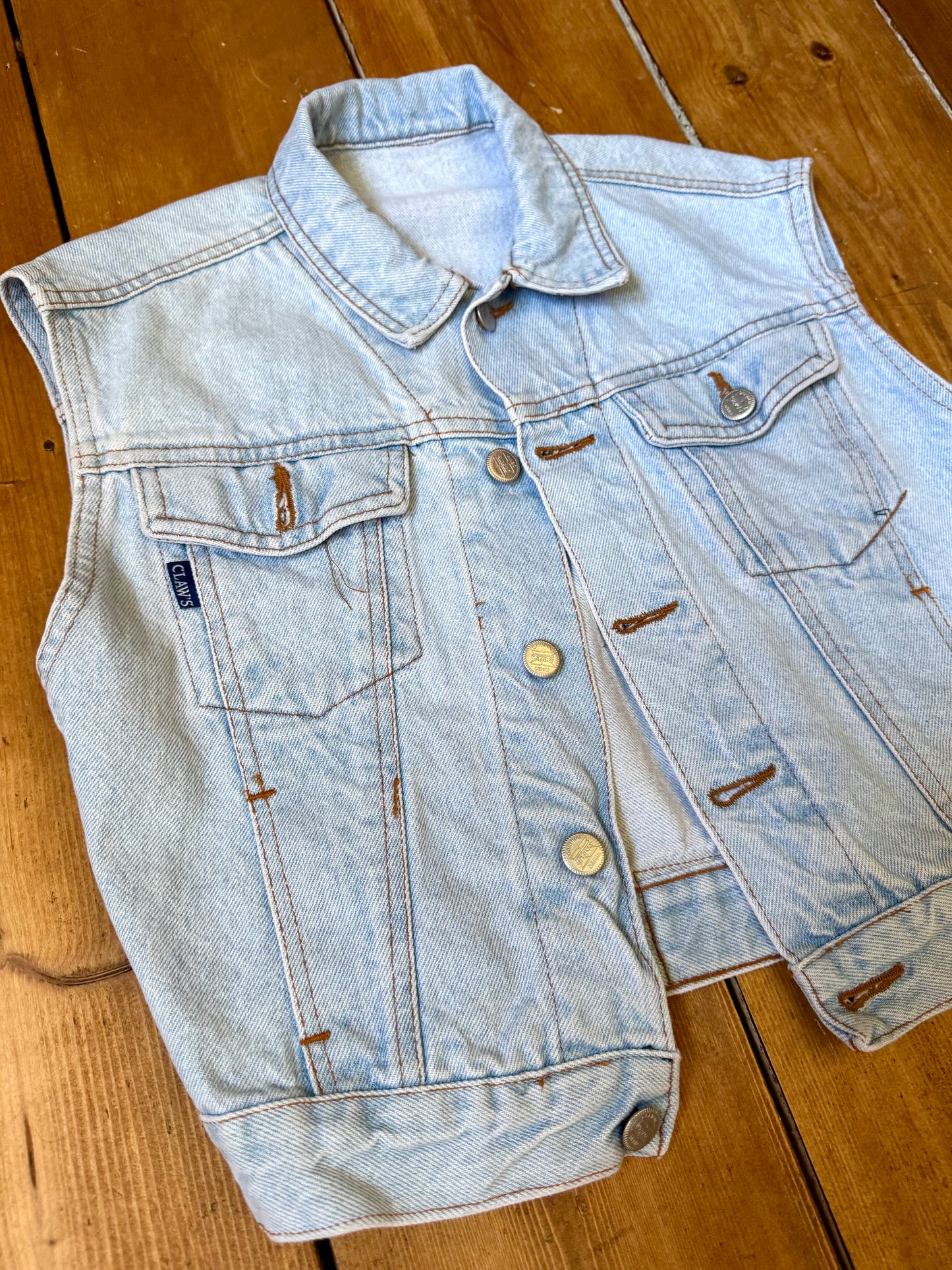 Vintage 90s Claws denim vest with a handpainted red truck on the back panel. One of a kind unique vintage item handpicked for Bee Tiny kids vintage. Age 11 years. wear oversized.