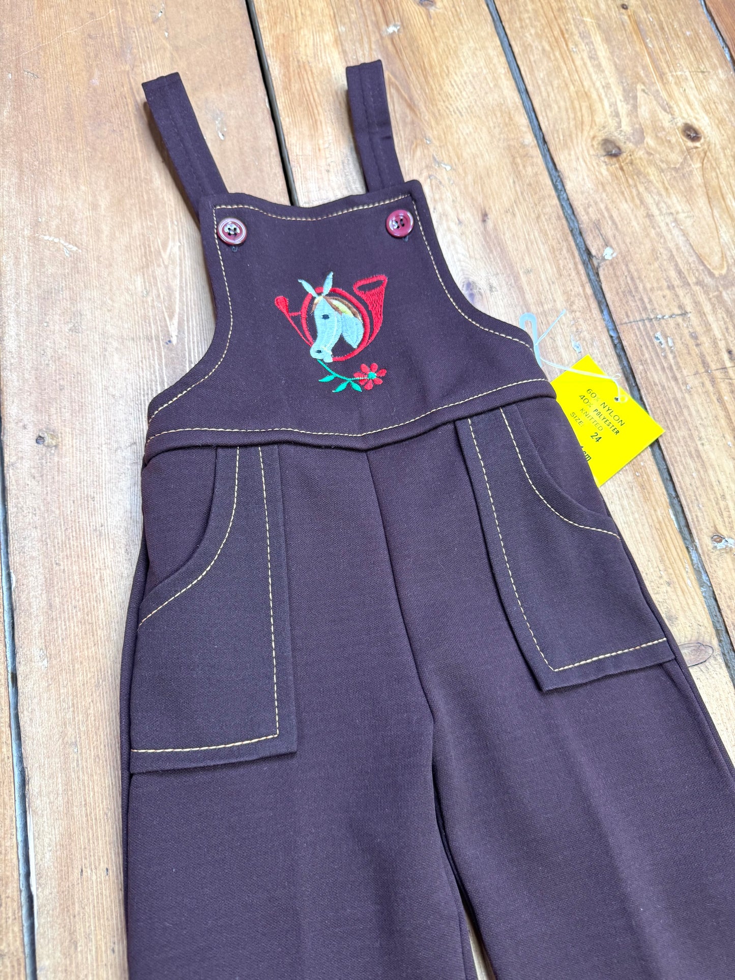 Vintage 70s Cuckoo brown horse dungarees. Age 2 years. Handpicked for Bee Tiny kids vintage.
