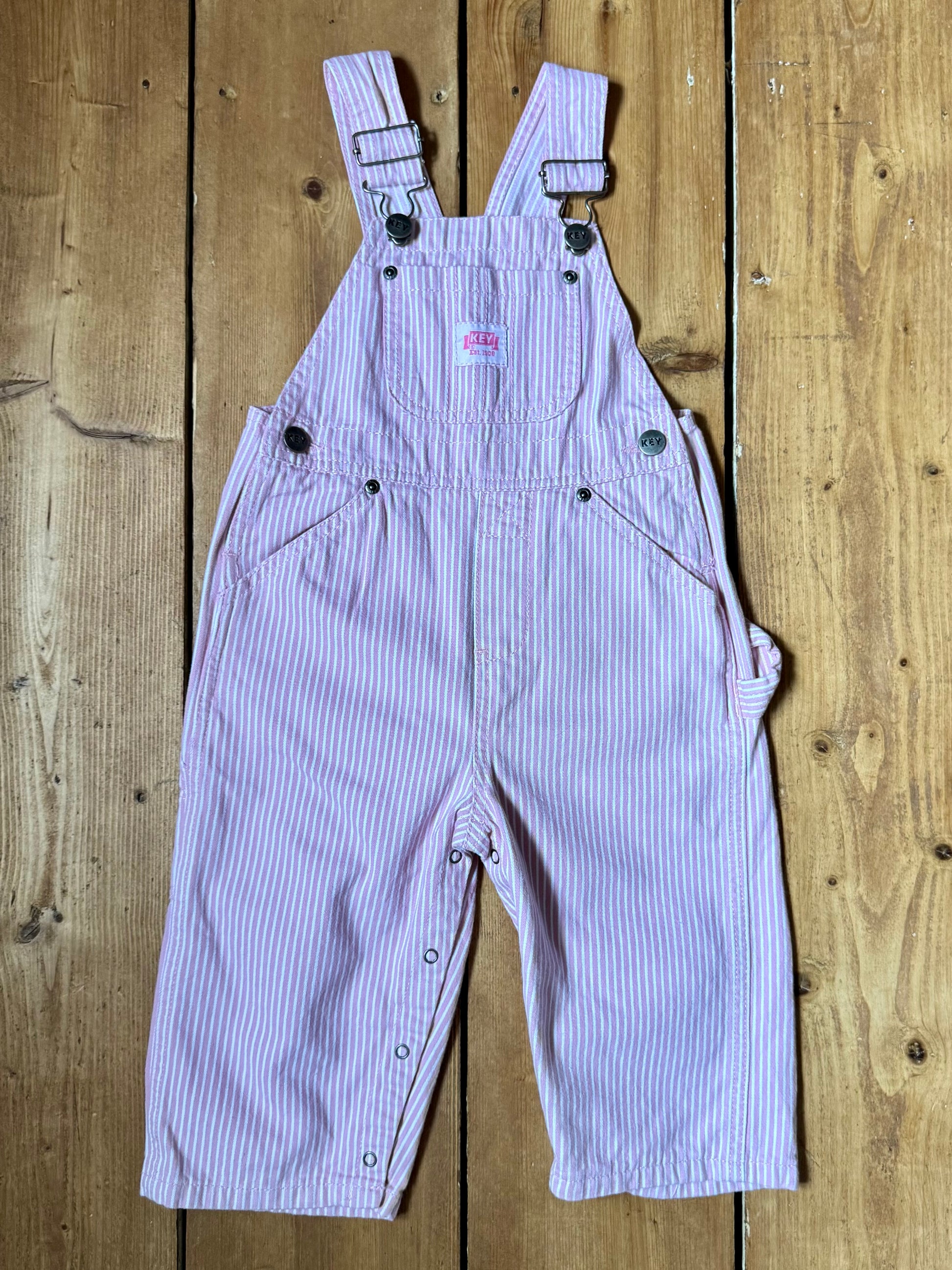 KEY pink and white hickory striped toddler dungarees. Age 18 months. Handpicked for Bee Tiny kids vintage.