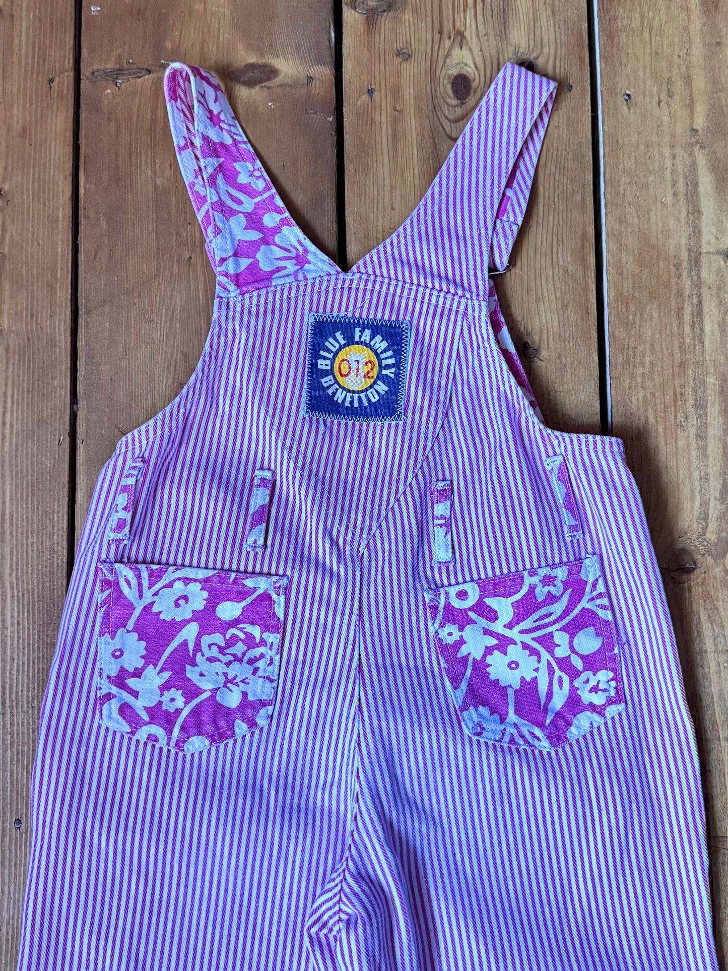 Vintage 90s Rare Benetton Pink Striped Denim Dungarees | 4 Years