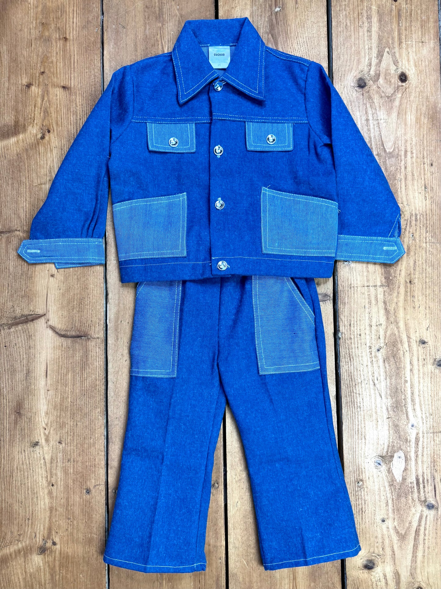 Vintage Cuckoo kids 2 piece jacket and trouser set. Vintage kids denim matching set. Age 2-3 years. Handpicked for Bee Tiny kids vintage.